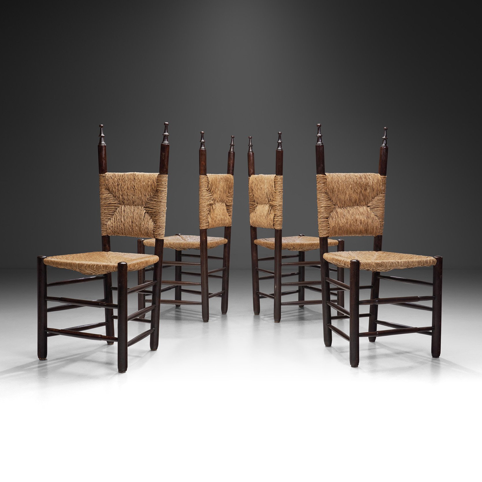 Set of Four Dining Chairs with Poplar Wood and Rush Seats, Europe ca 1950s