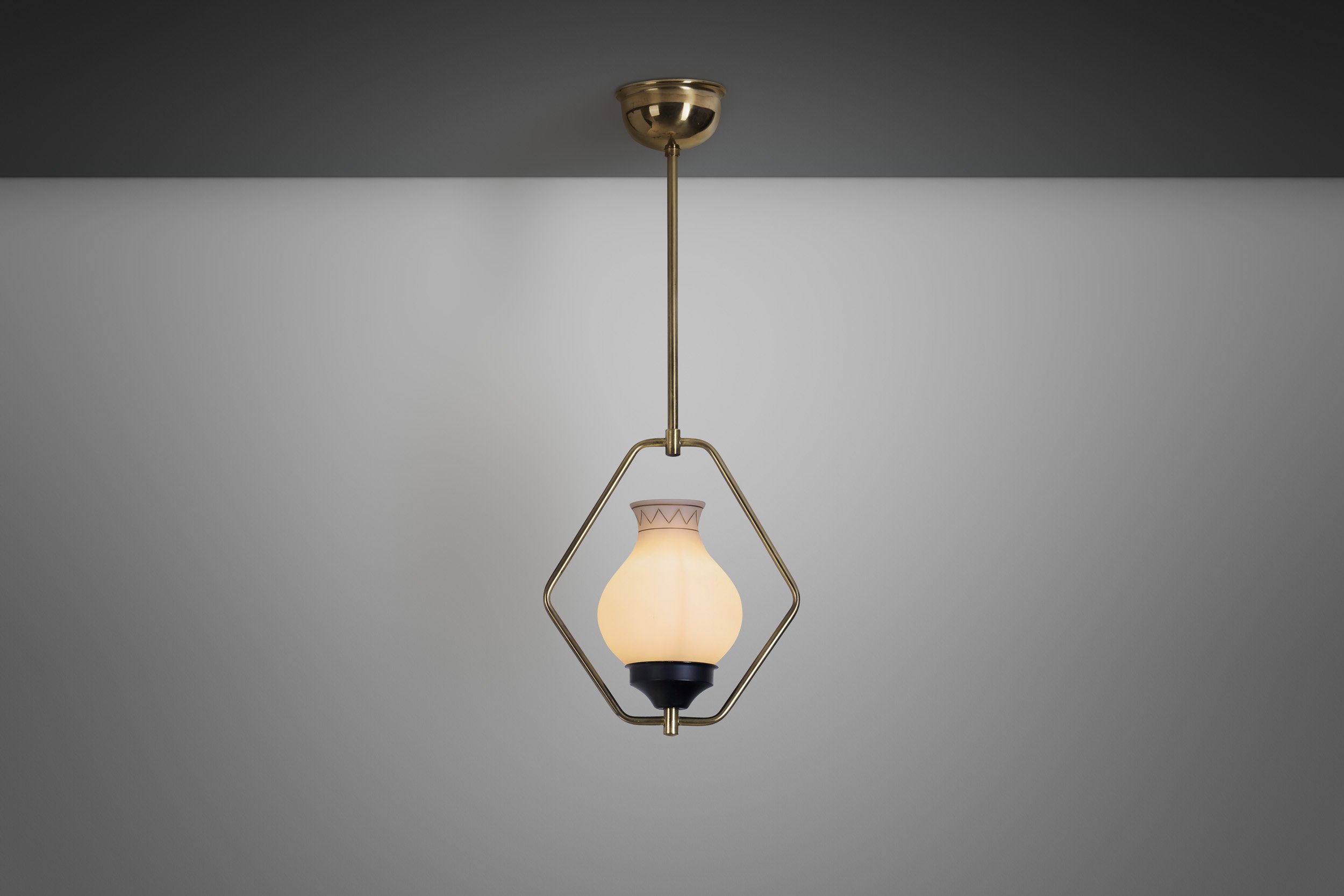 Brass and Opaque Glass Ceiling Lamp, Europe ca 1950s