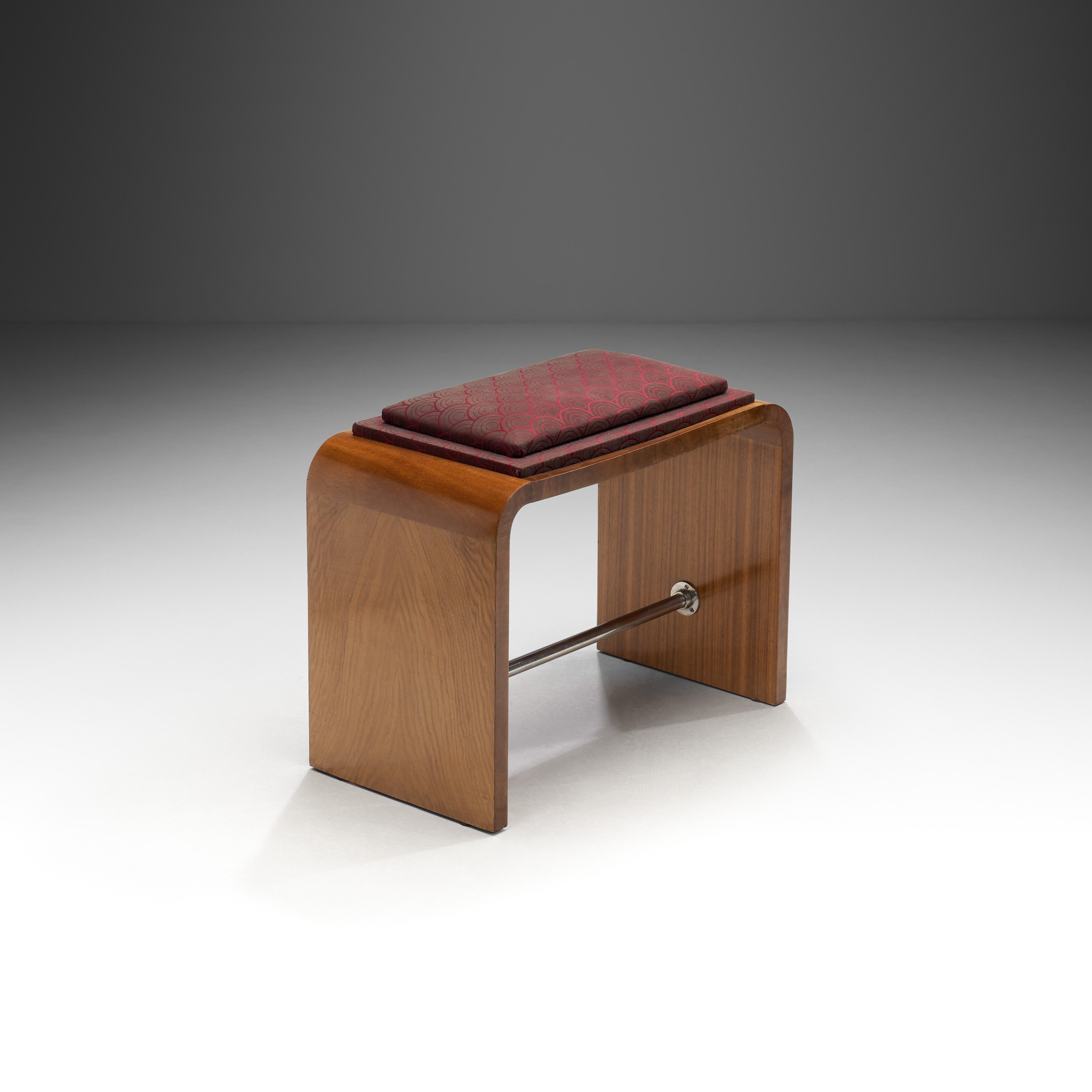 Art Deco Fabric Lined Wooden Stool, France circa 1940s