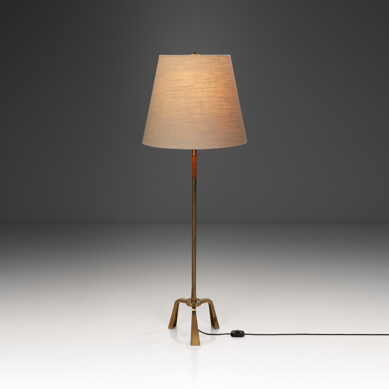 Leather and Brass Tripod Floor Lamp, Europe 1960s (sold)