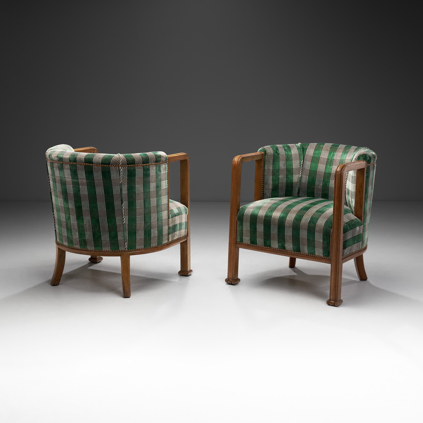 A Pair of Art Deco Armchairs with Tartan Pattern Upholstery, Europe ca 1910s (sold)