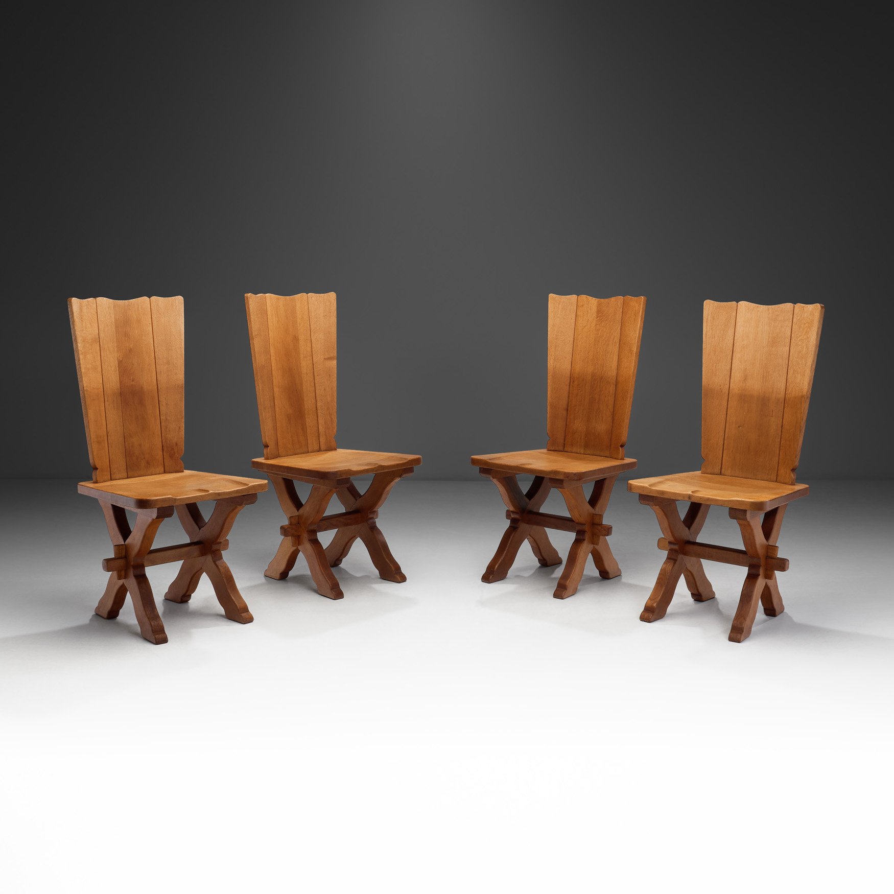 Set of Four Brutalist Oak Dining Chairs, Europe 20th Century