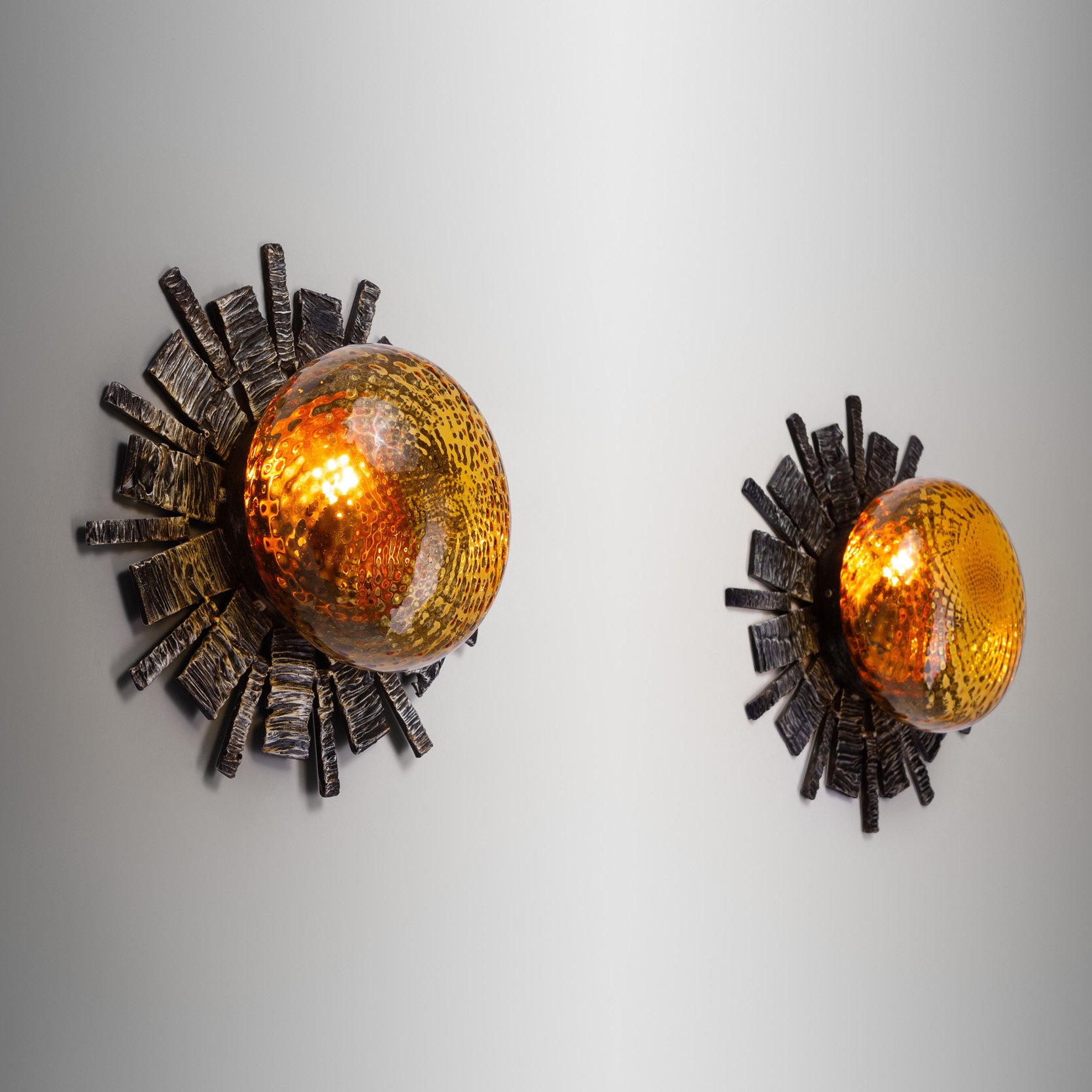 Pair of Brutalist Wrought Iron Wall Lamps with Orange Glass Shades, Europe 20th century (sold)
