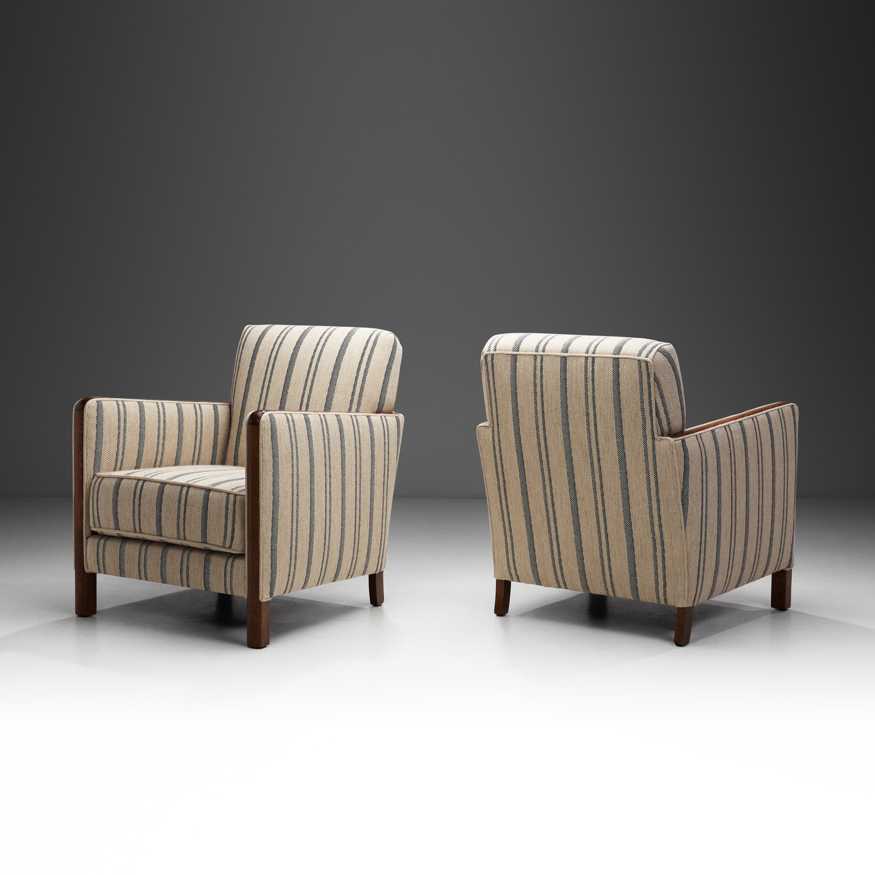 Pair of Art Deco Armchairs with Striped Upholstery, Finland ca 1940s (sold)