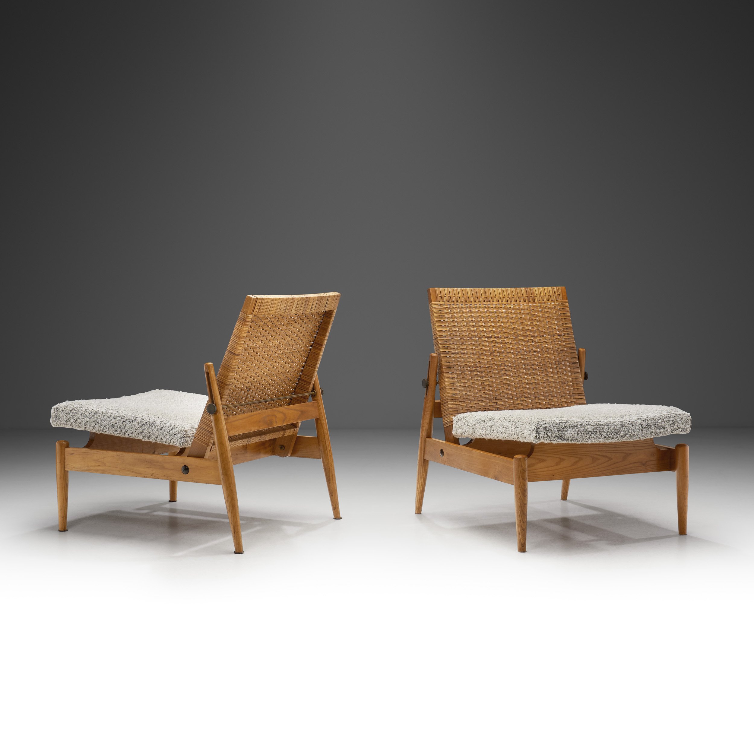 Pair of Upholstered Rattan and Wood Chairs for ULUV, Czechoslovakia ca 1960s