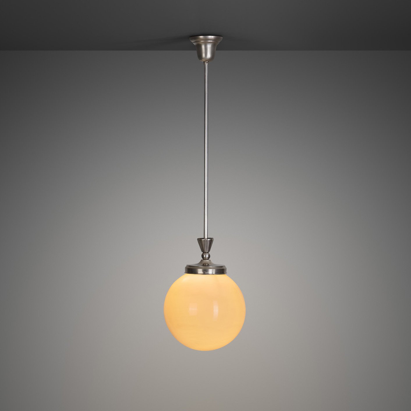 Art Deco White Chrome Metal and Opal Glass Hanging Lamp, Europe ca 1920s