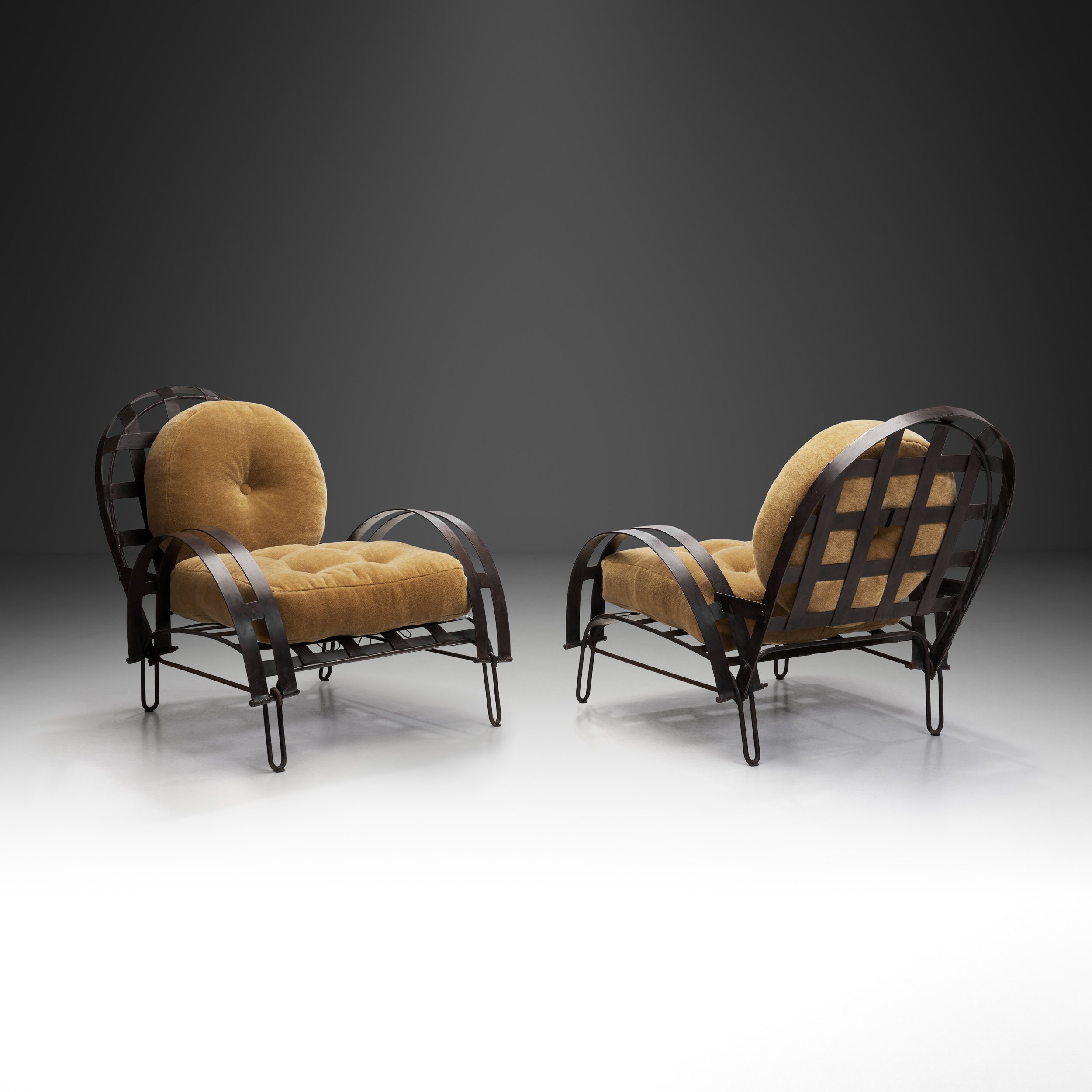 Pair of Metal Lattice Lounge Chairs With Upholstered Pillows, France 1960s (sold)