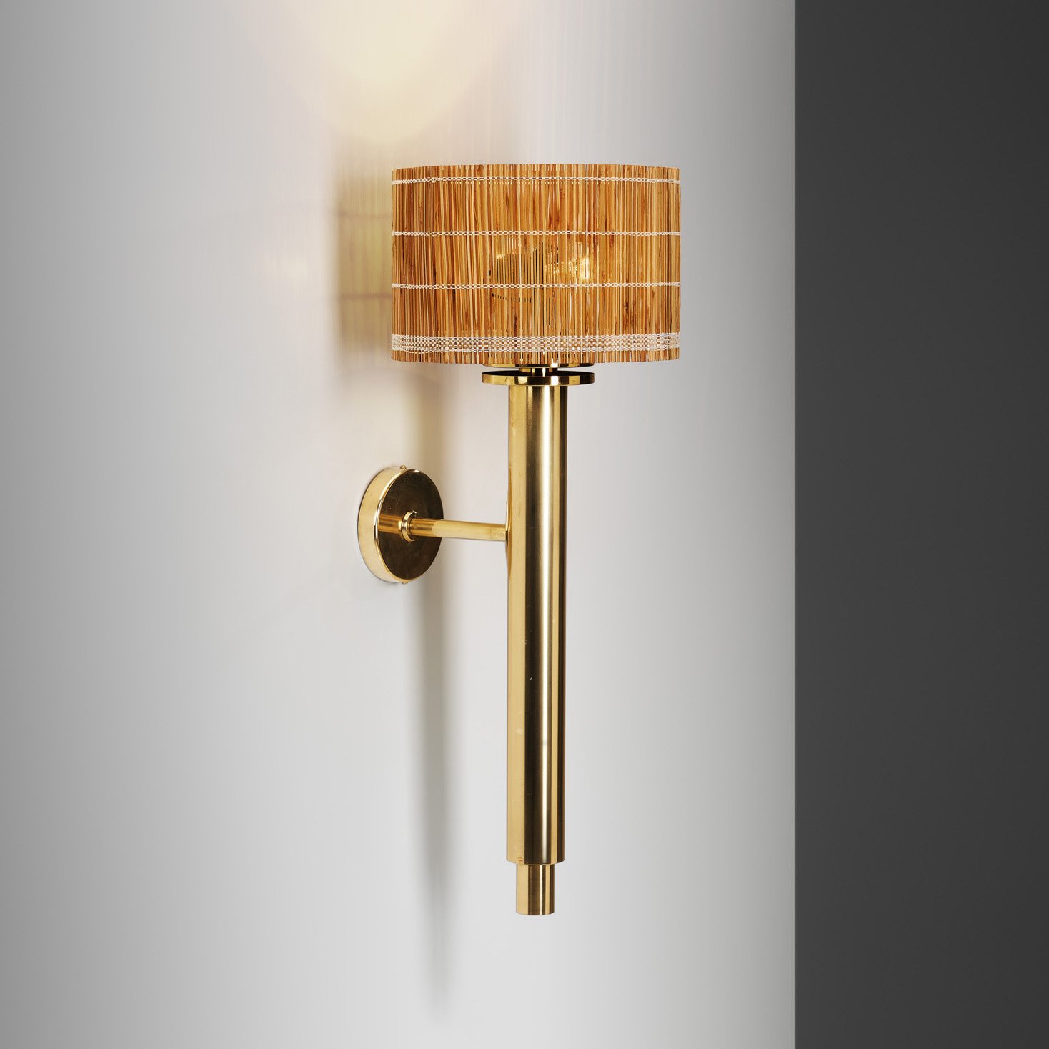 Large Brass Wall Lamp with Rattan Shade by Paavo Tynell, Finland 1950s (sold)