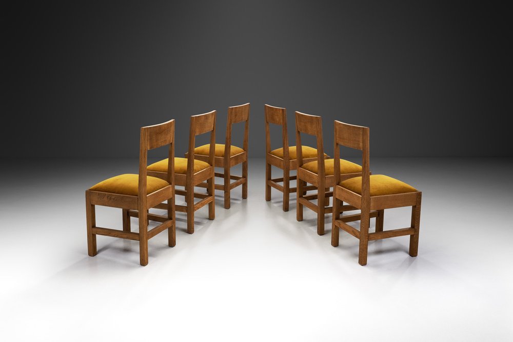 Set of Six Haagse School Oak Dining Chairs with Velour Seats 