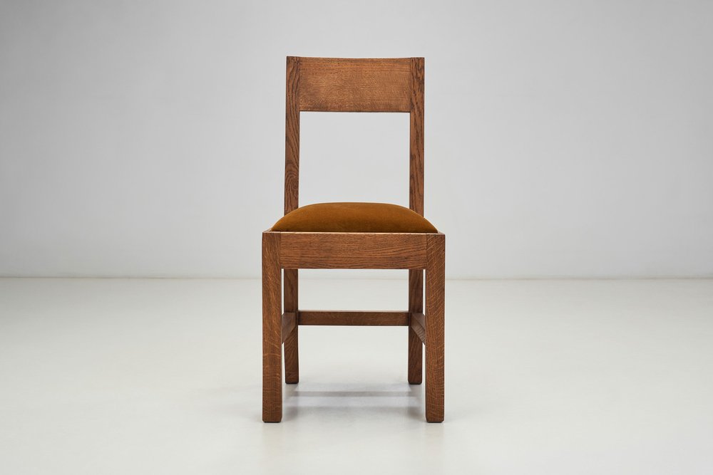 Set of Six Haagse School Oak Dining Chairs with Velour Seats 