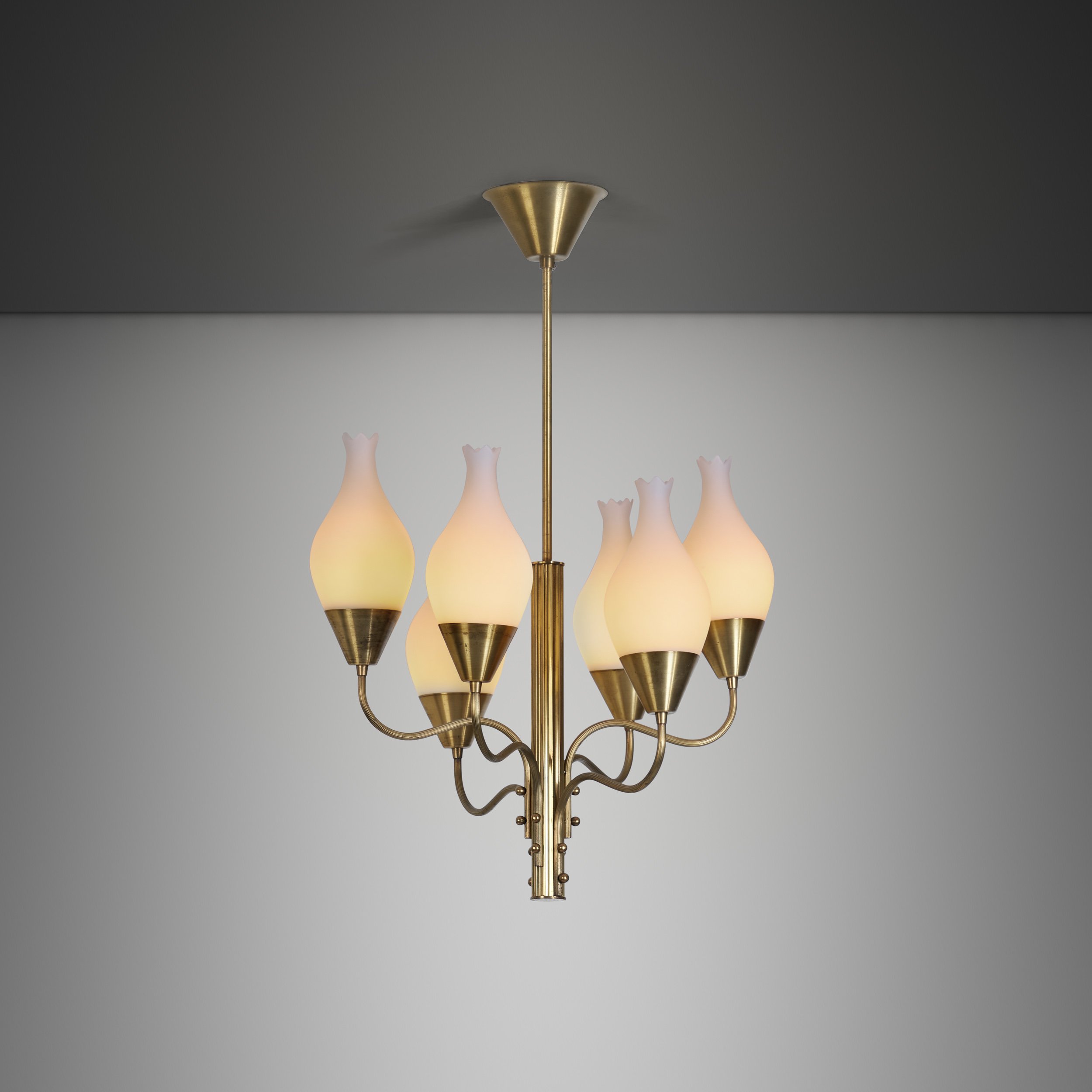 Six-Arm Brass and Opal Glass Chandelier, Sweden ca 1950s
