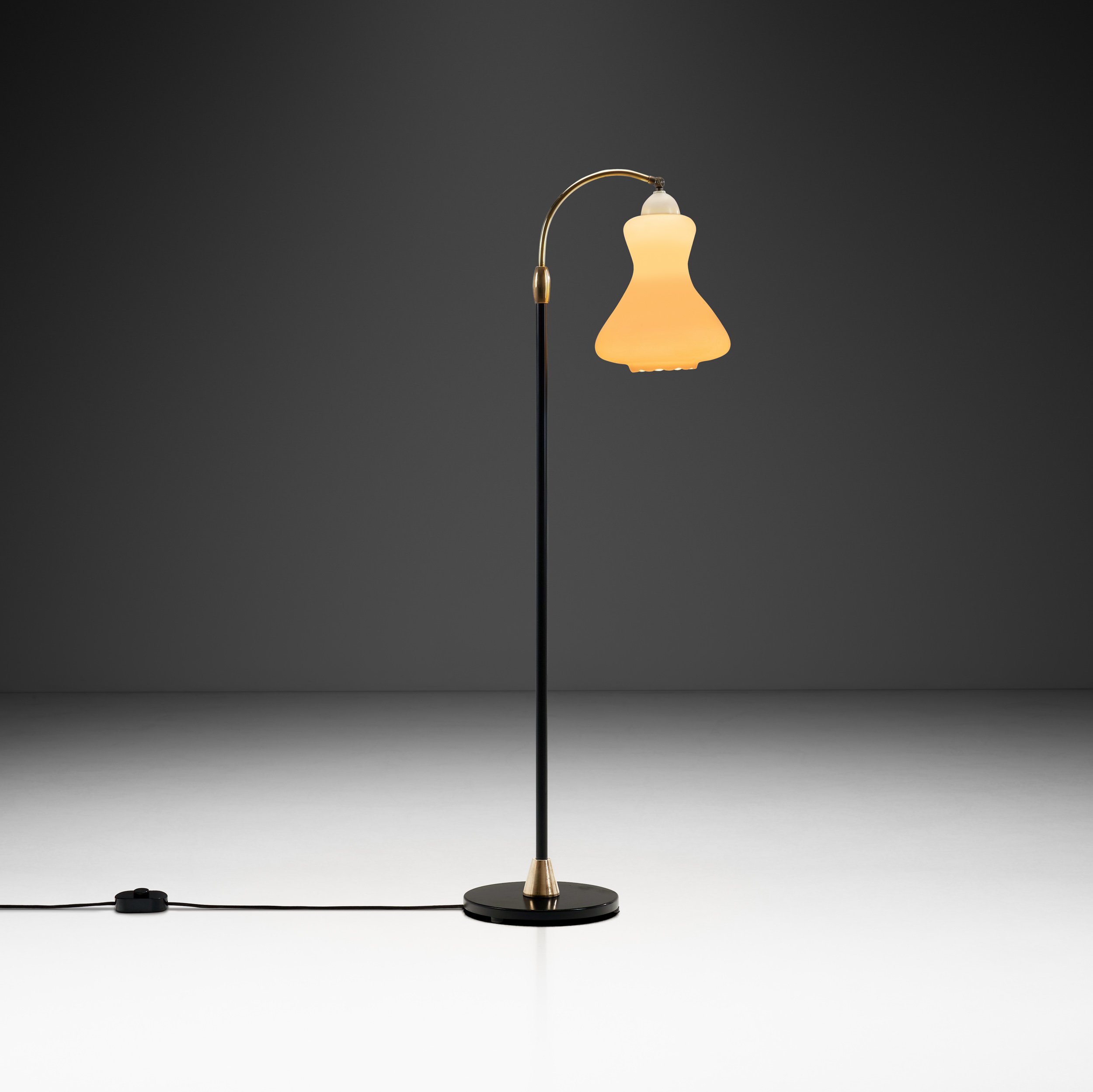 Danish Brass and Lacquered Metal Adjustable Floor Lamp with Opal Glass Shade, Denmark 1950s