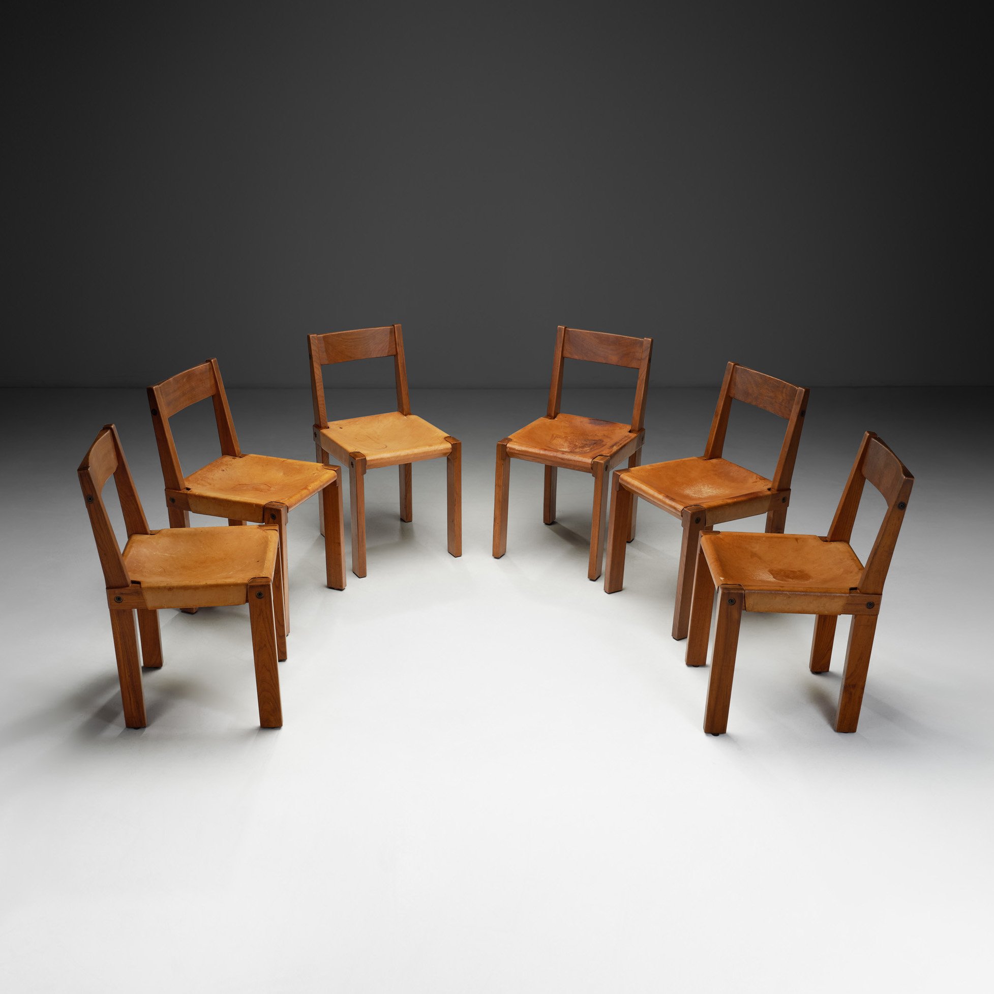 Set of Six "S24" Pierre Chapo Dining Chairs in Solid Elm and Tan Leather, France 1967