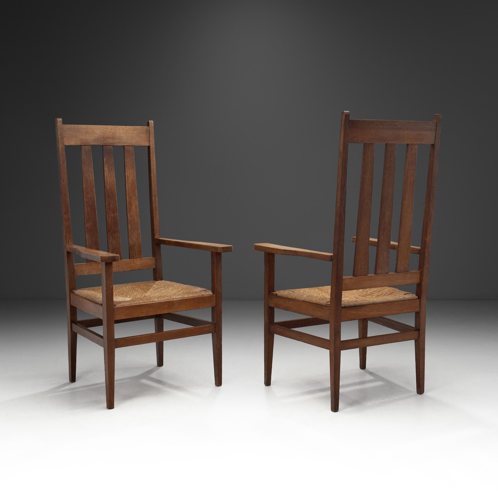 A Pair of Oak and Woven Rush High Back Armchairs, France 1940s