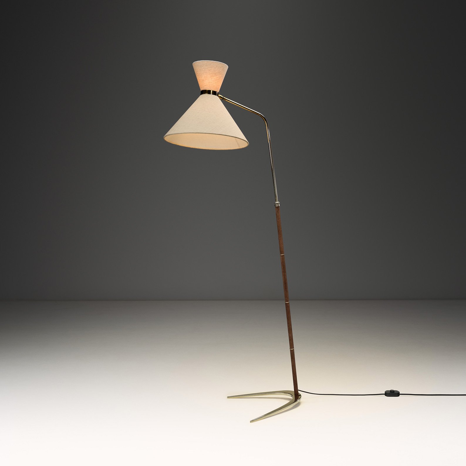 Brass and Leather Floor Lamp with Diabolo Shade, Europe 1950s