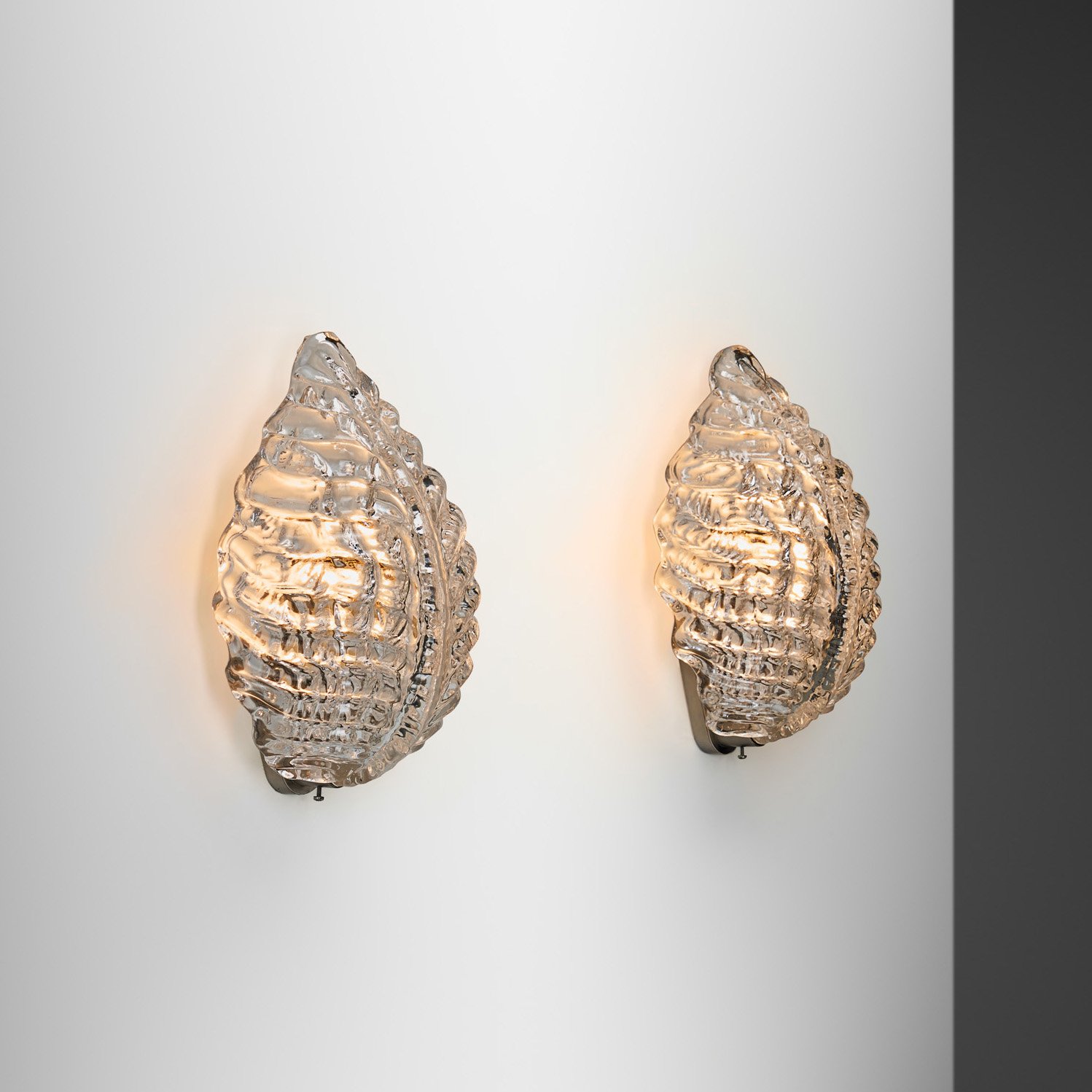 Pair of Glass Leaf Wall Lamps by Fritz Kurz (Attr.) for Orrefors, Sweden Mid-20th Century