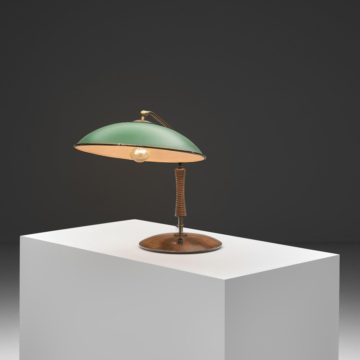 Table Lamp with Carved Wood and Brass Stem by Temde Leuchten, Switzerland First Half of the 20th Century