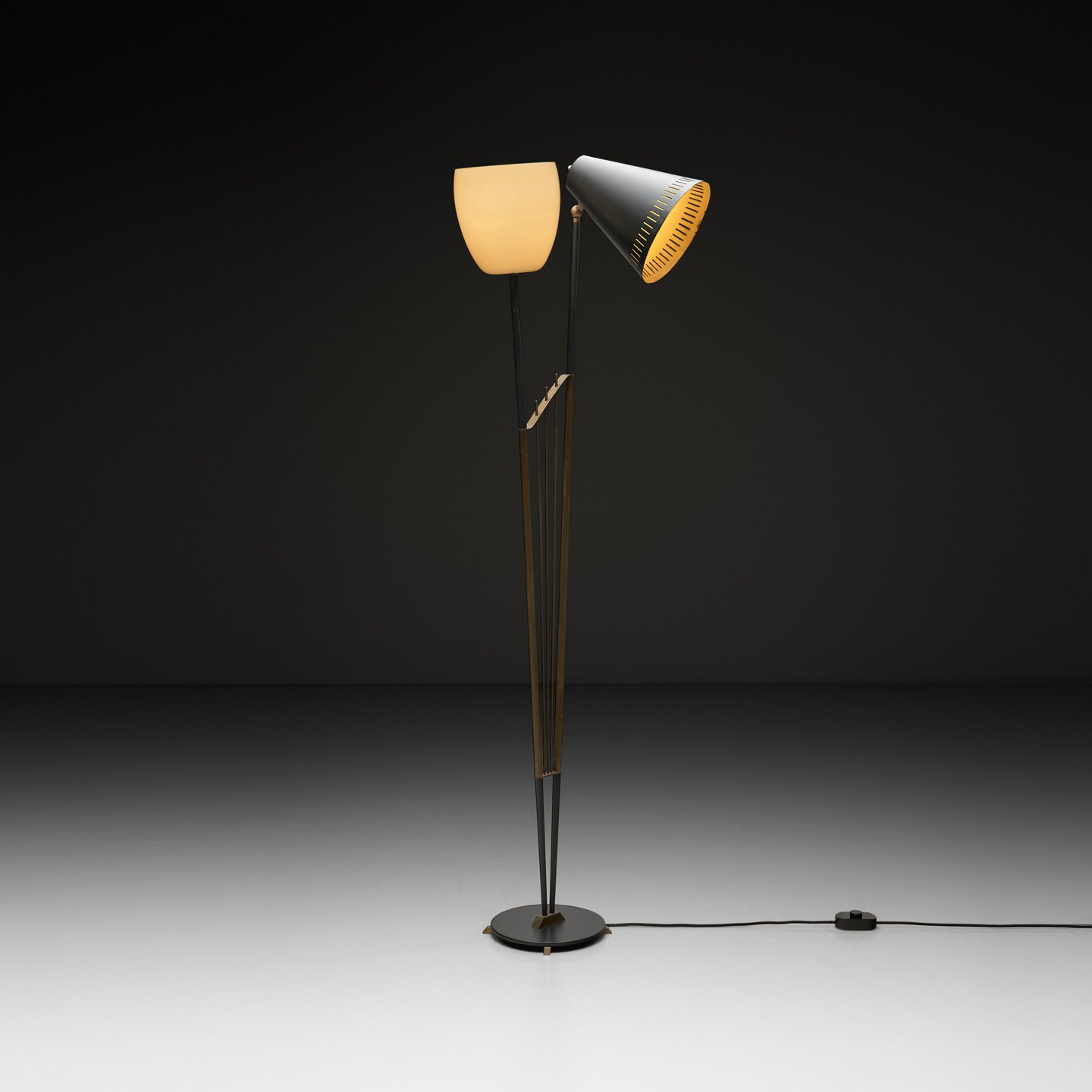 Modern Two-Armed Floor Light with Contrasting Glass and Metal Shades, Europe ca 1950s