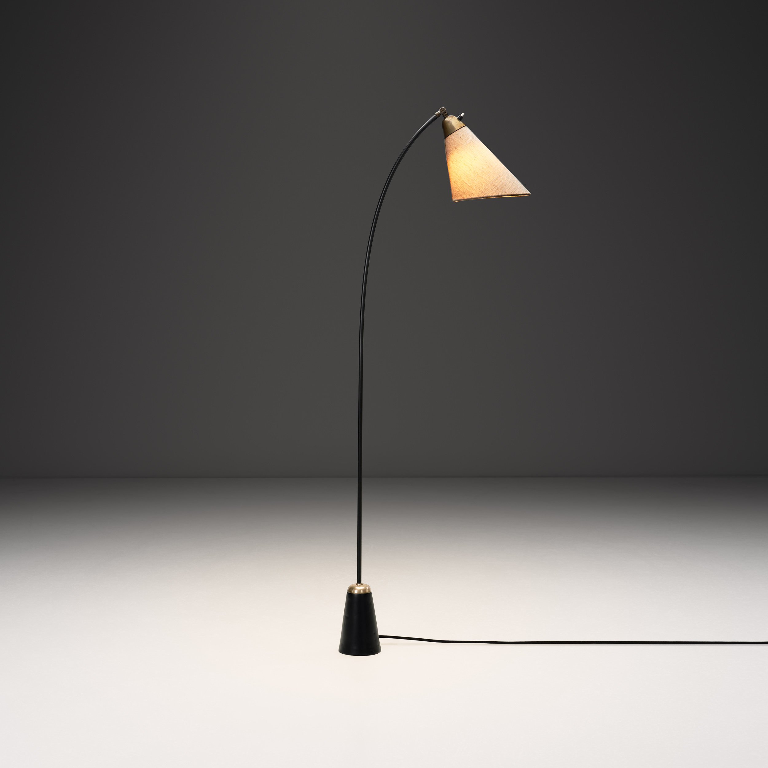 Black Lacquered Metal and Brass Floor Lamp, Denmark 1950s