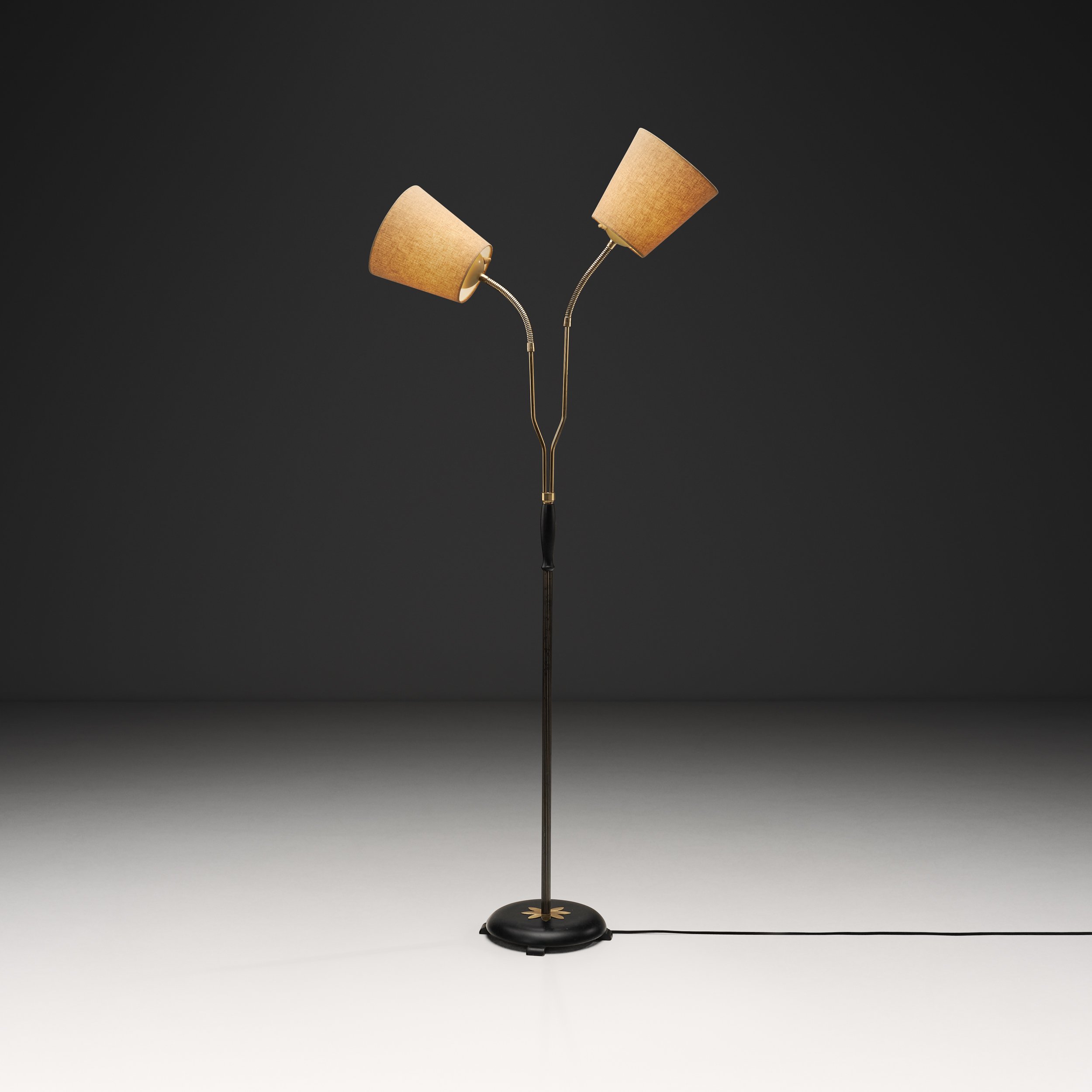 Brass and Wooden Floor Lamp with Two Adjustable Light Points, Europe 1940s