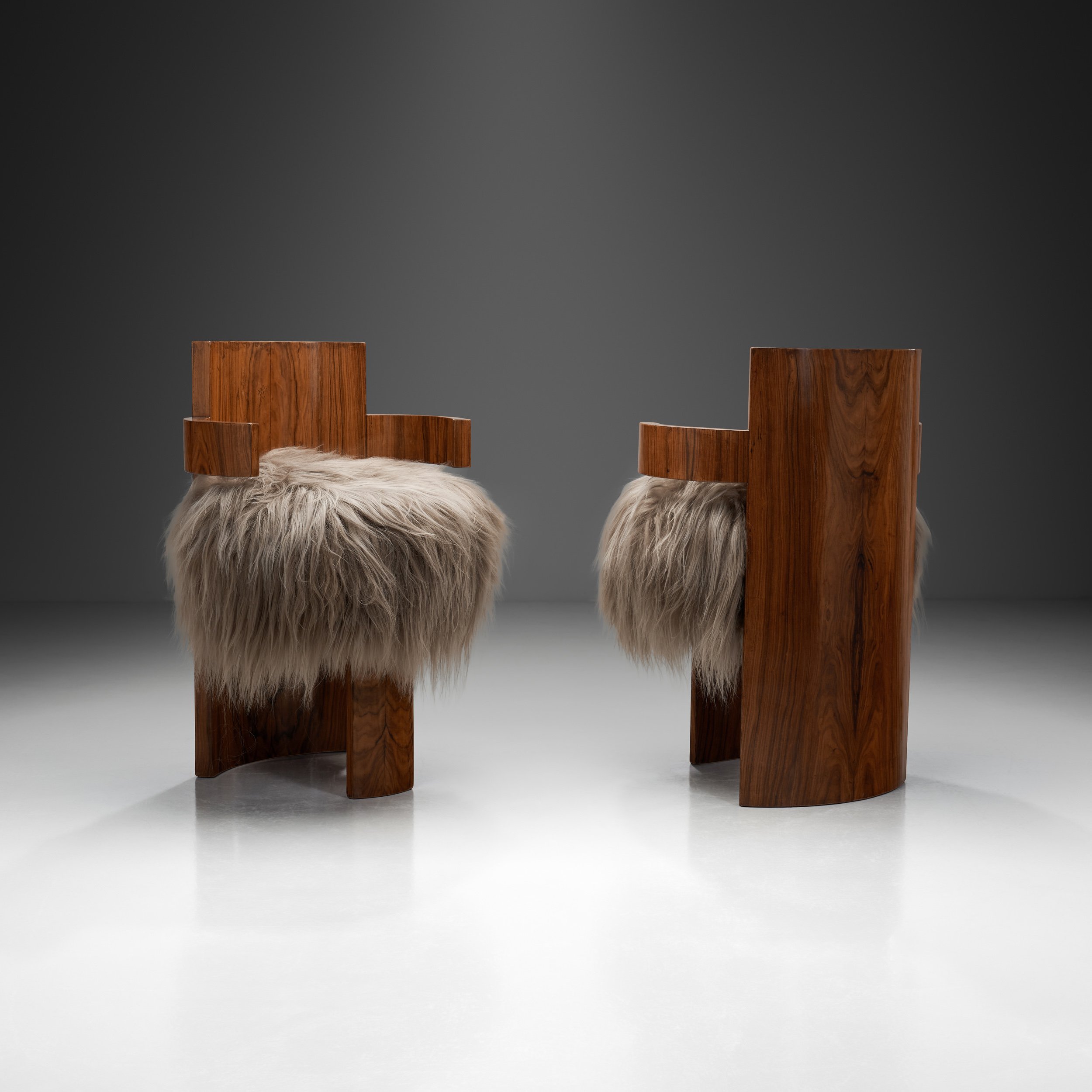 Pair of Art Deco Chairs with Seats in Longhair Fabric, Europe 1930s