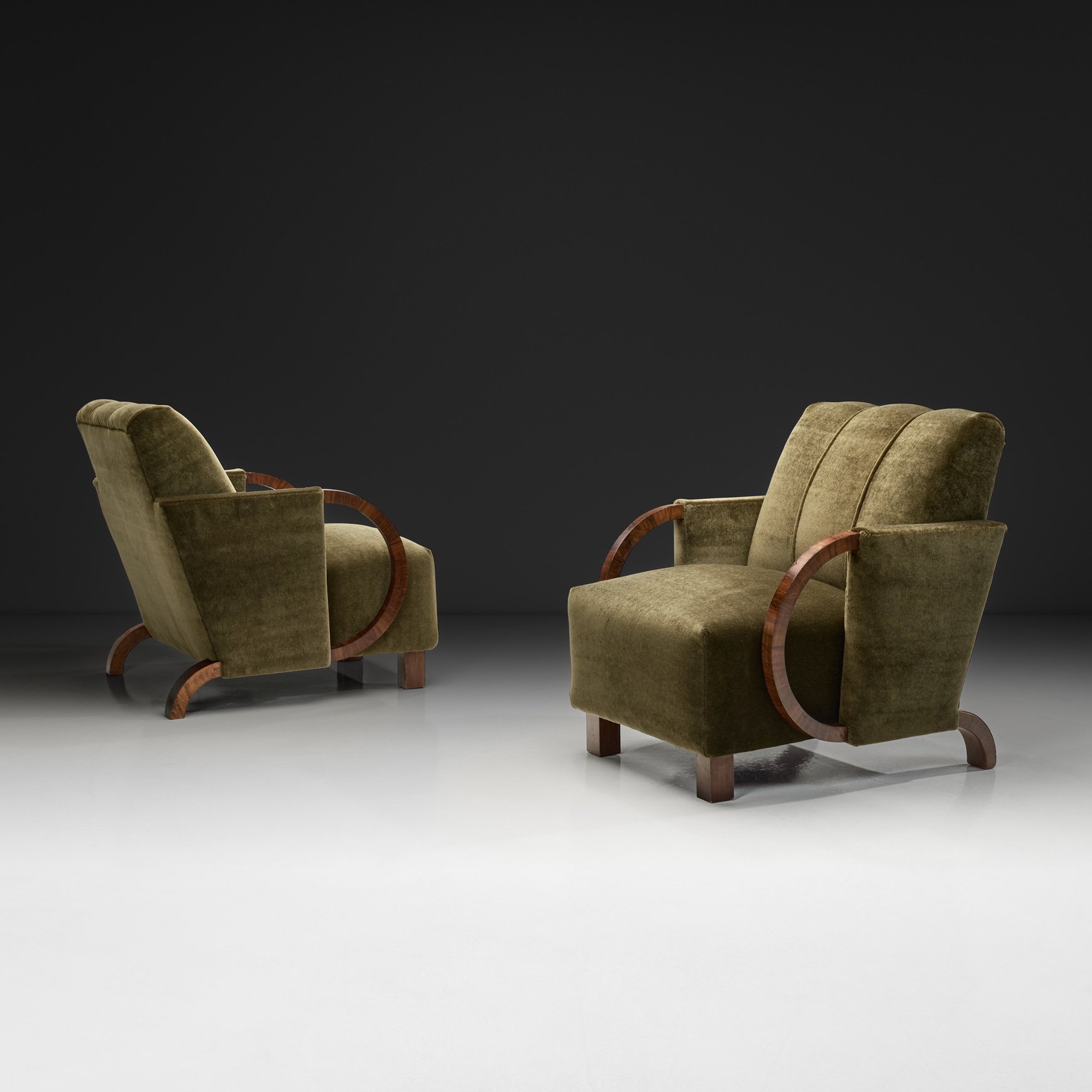 Pair of Dark Green Upholstered Art Deco Armchairs, Europe First half of the 20th Century