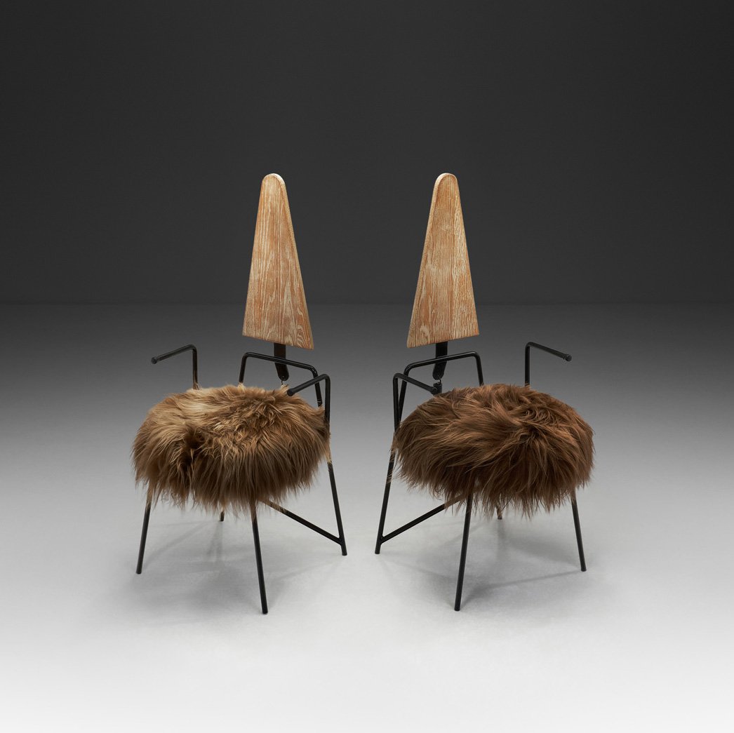 Pair of Geometric Dining Chairs with Sheepskin Seats by Rach Finazzi, Italy 1980s