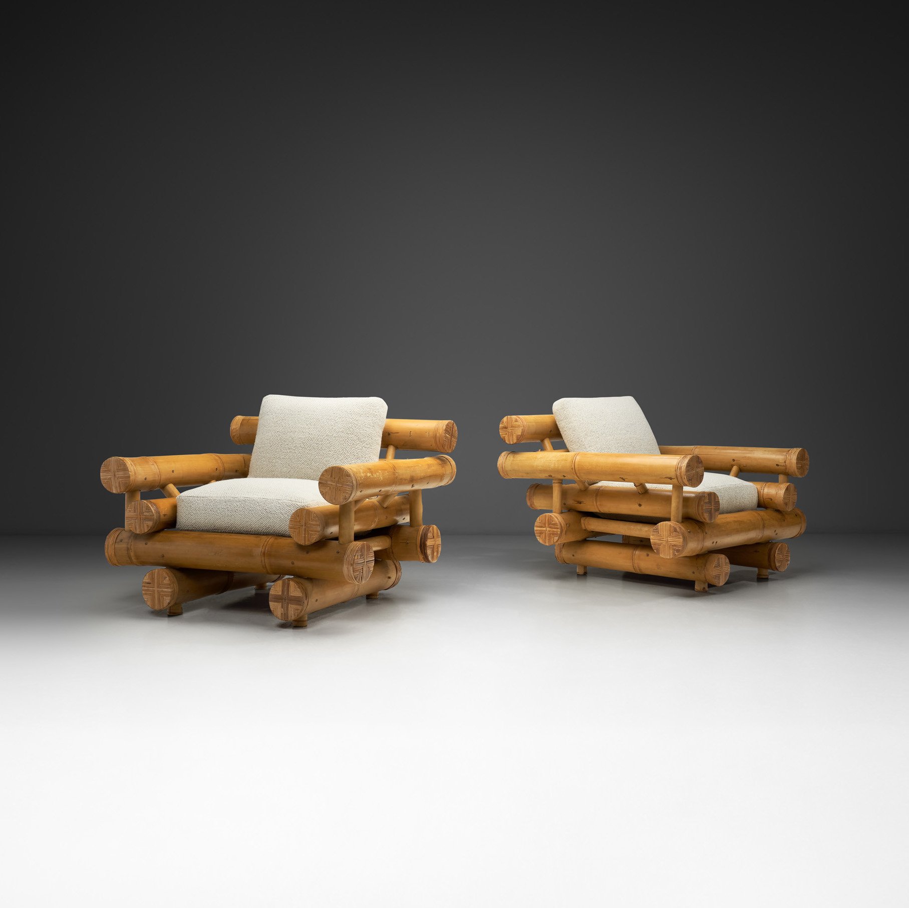 Pair of Sculptural Bamboo Lounge Chairs, Europe Mid 20th Century
