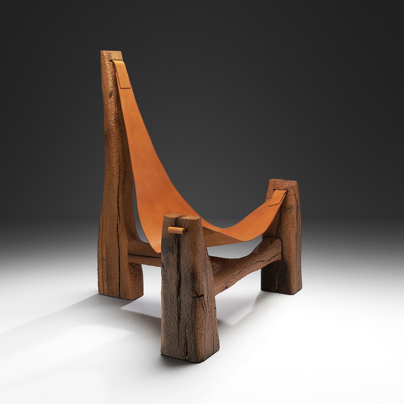 Gouged Oak and Leather Lounge Chair by Pavel Novak, Czech Republic 1980s