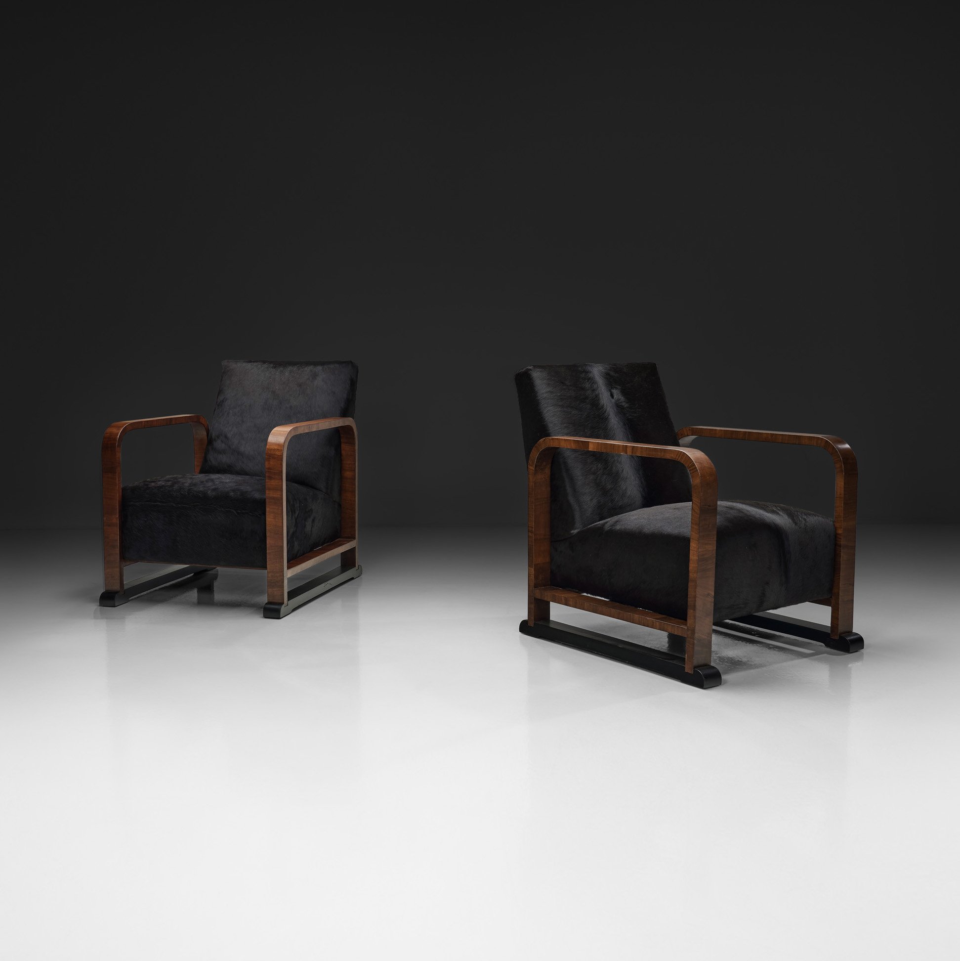 Pair of Art Deco Armchairs in Black Pony Hide, Europe First Half of the 20th Century
