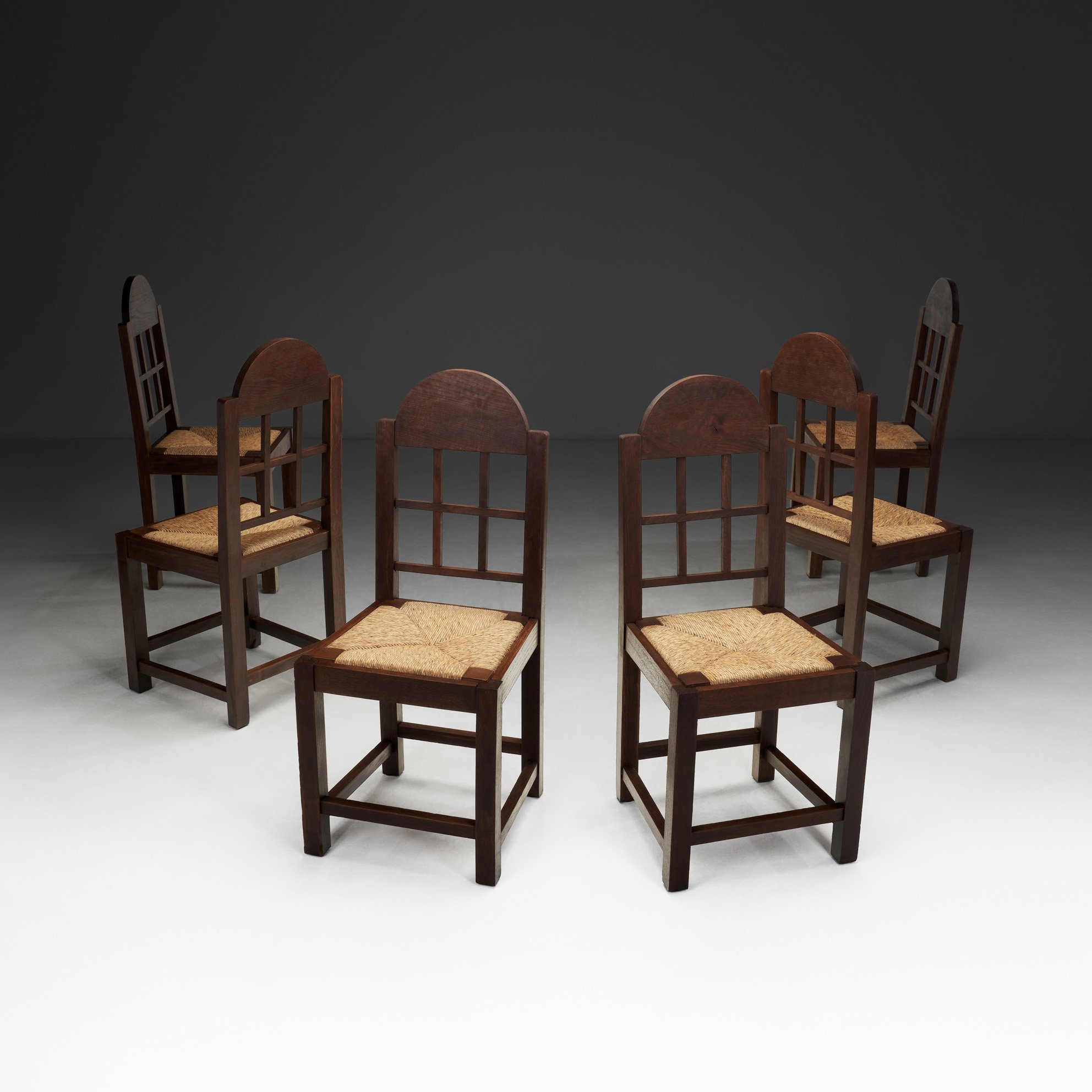 Set of Six Oak and Straw Dining Chairs with Gendarme Backs, Spain ca 1930s