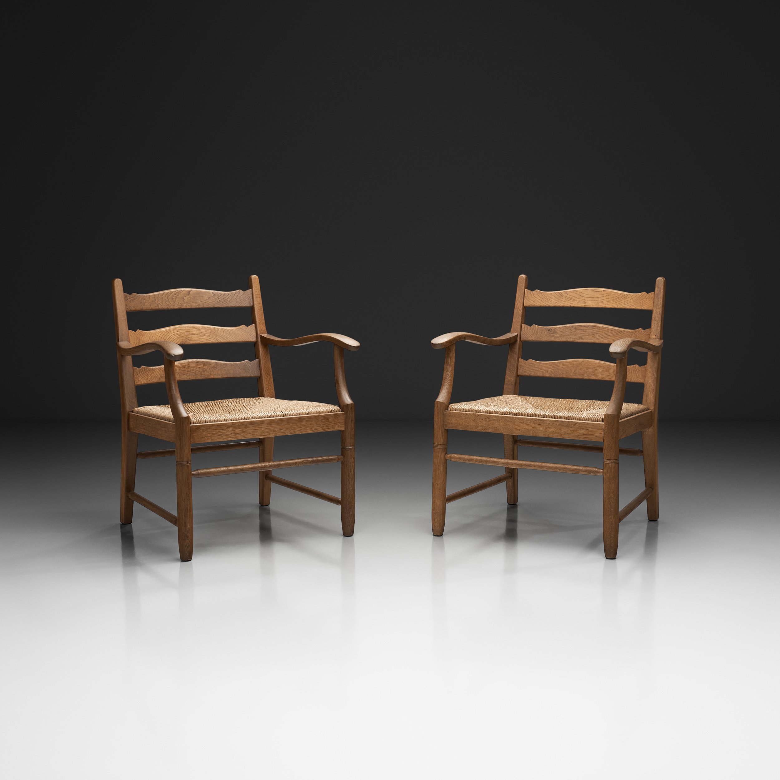 Pair of Oak Side Chairs with Rush Seats, Europe 1960s