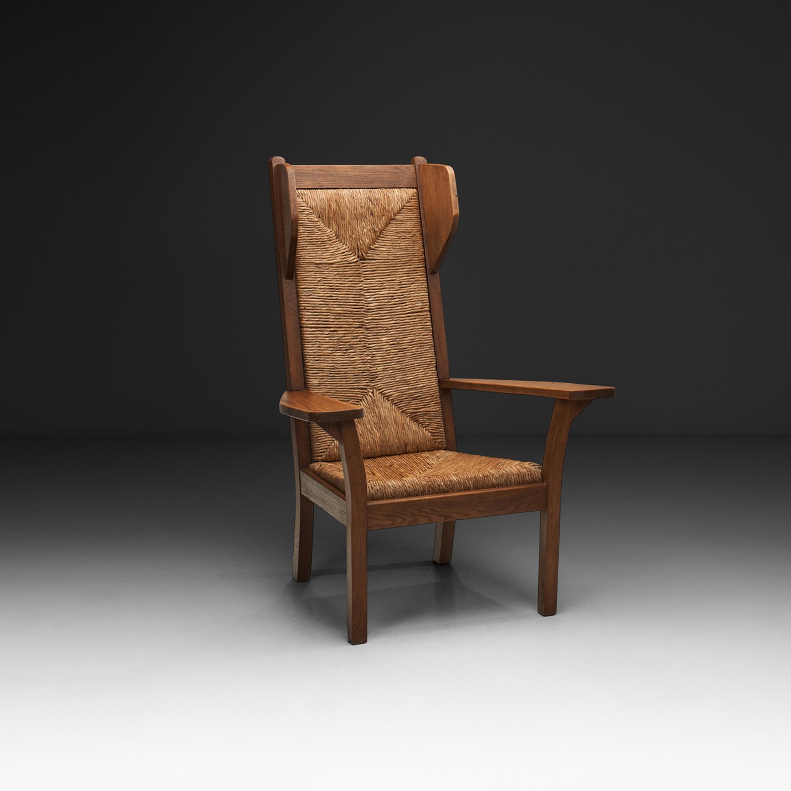 Wooden Wingback Armchair with Wicker Seats by Willi Ohler, Germany Mid-20th Century