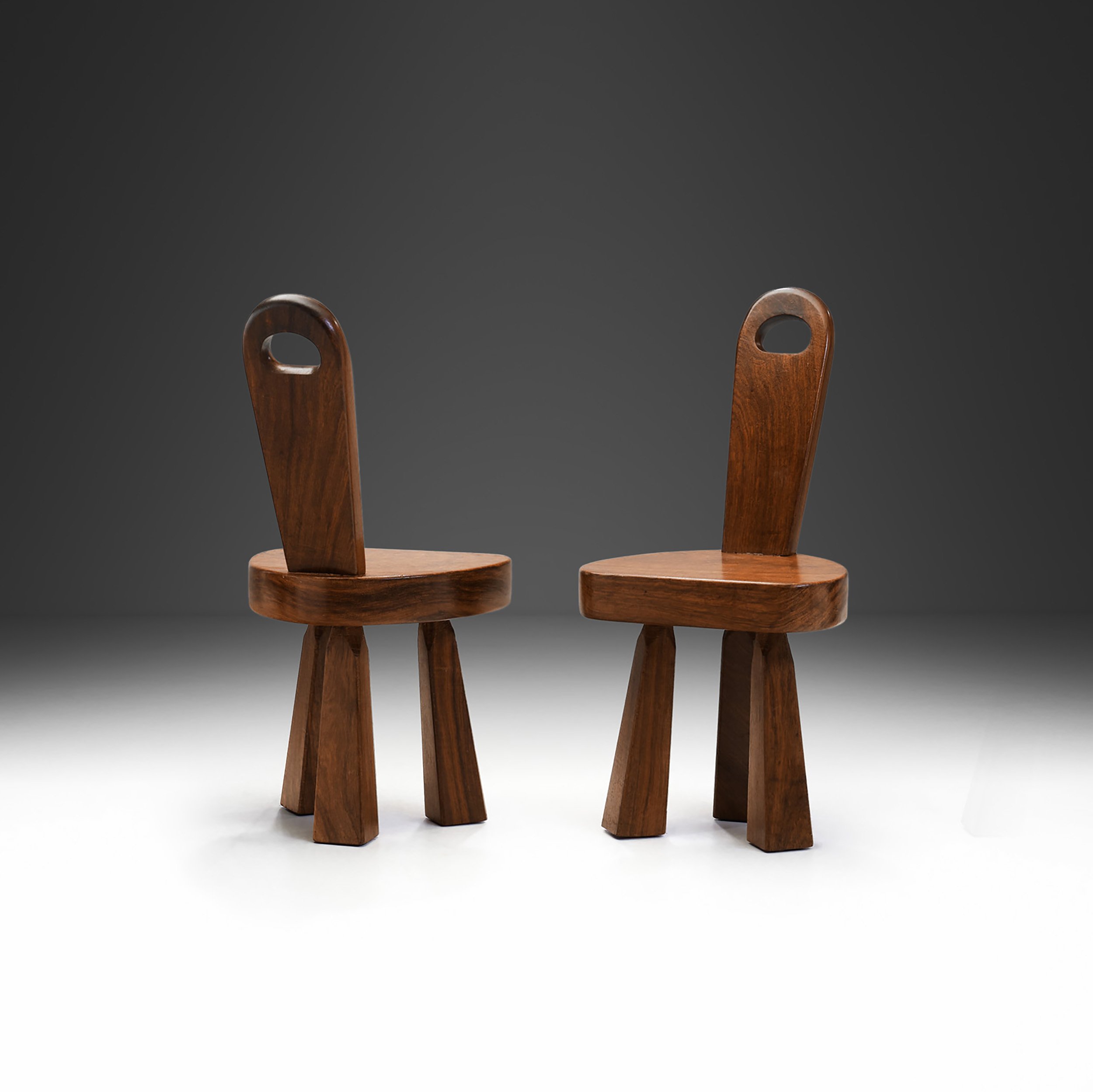 Pair of Brutalist Solid Wood Low Tripod Chairs, France 1960s