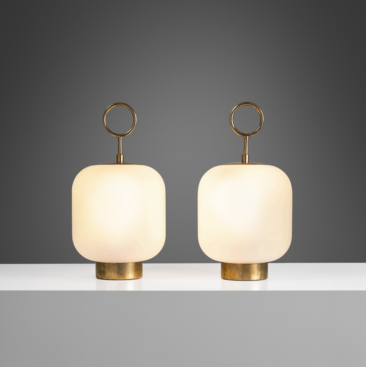 Pair of Brass and Opal Glass Lantern Table Lamps, Italy 1960s (sold)