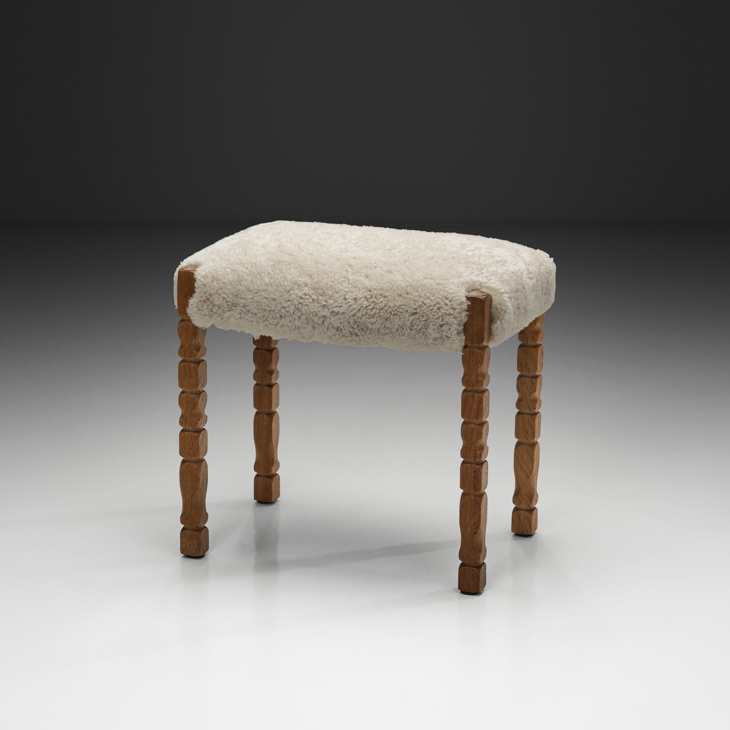 Oak Stool with Carved Legs and Sheepskin Upholstery, Denmark 1970s