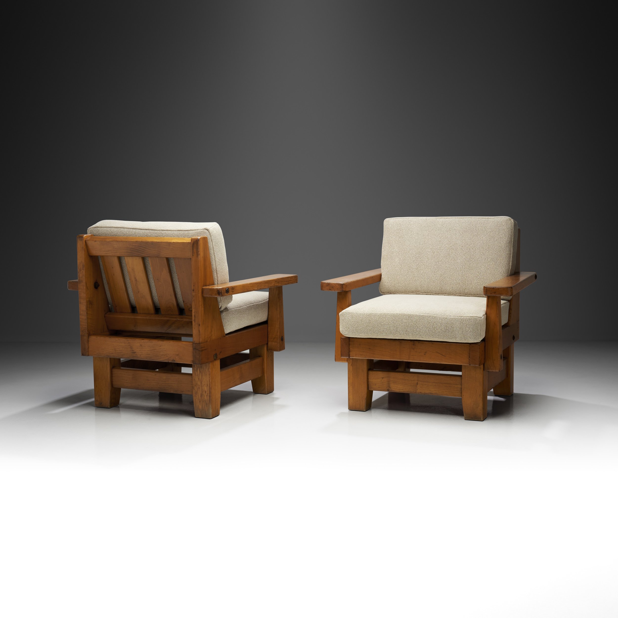 A Pair of Brutalist Oak Armchairs, Spain 1960s