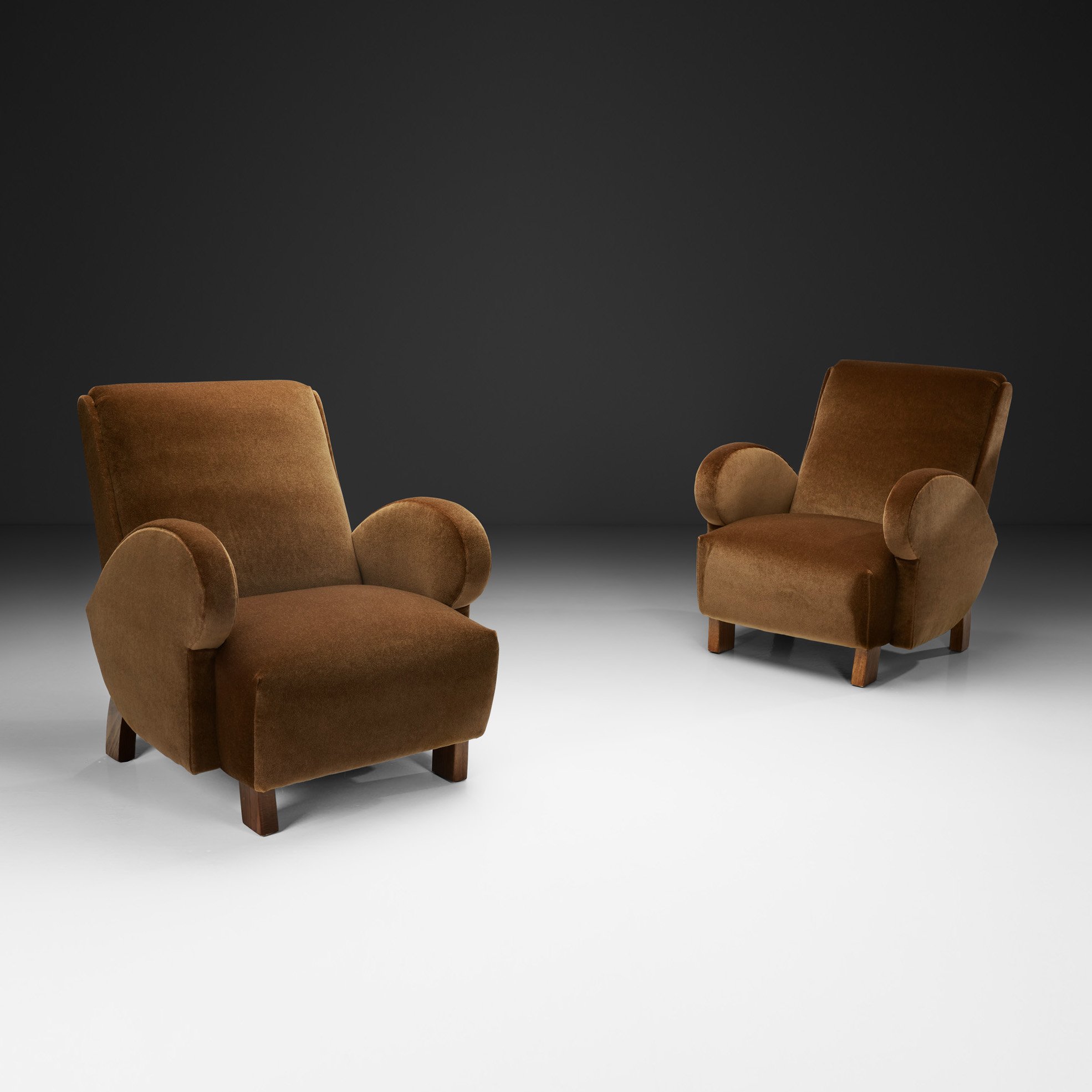 Pair of Upholstered Armchairs with Geometric Armrests, Europe ca 1950s