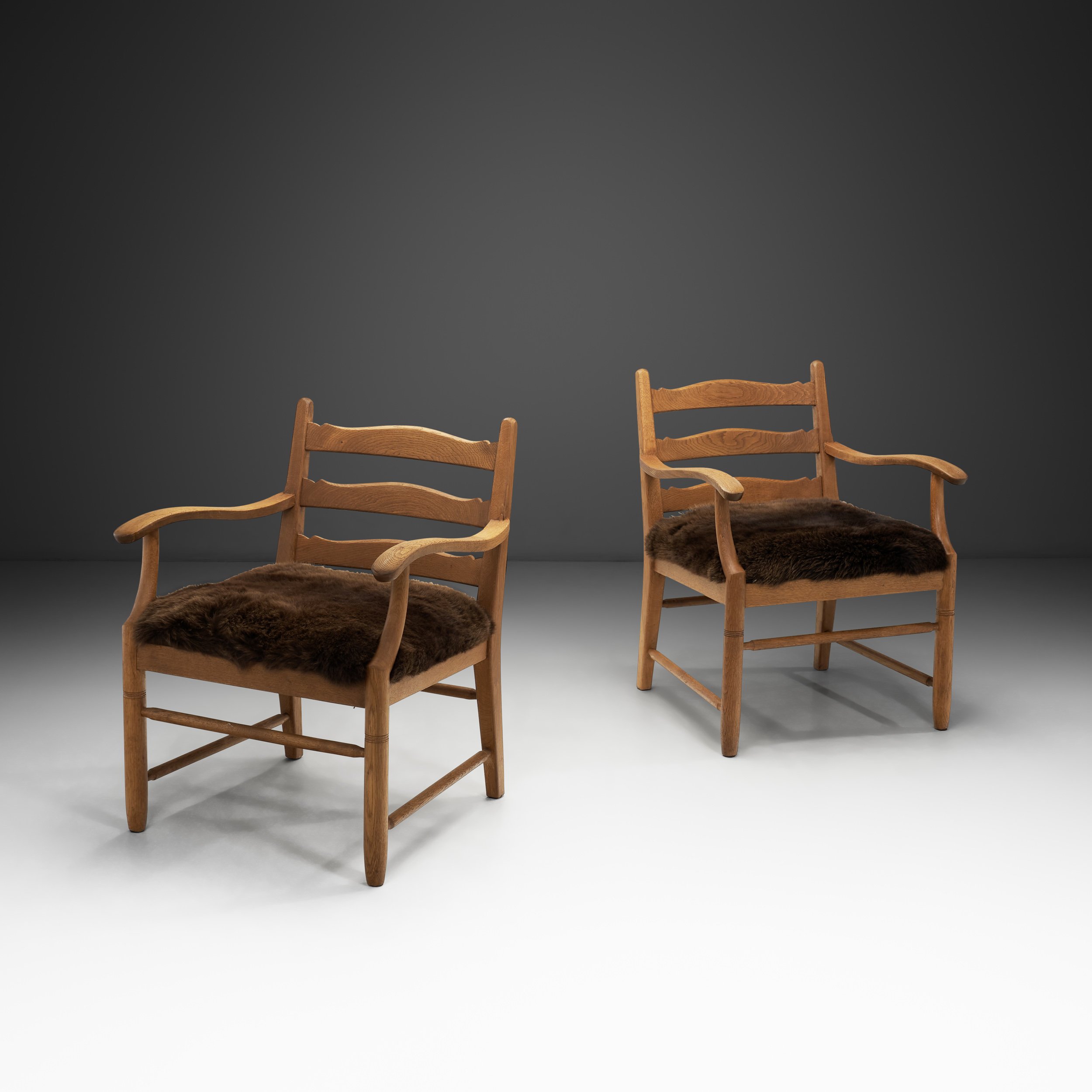 Pair of Oak and Sheepskin Side Chairs, Europe 1960s