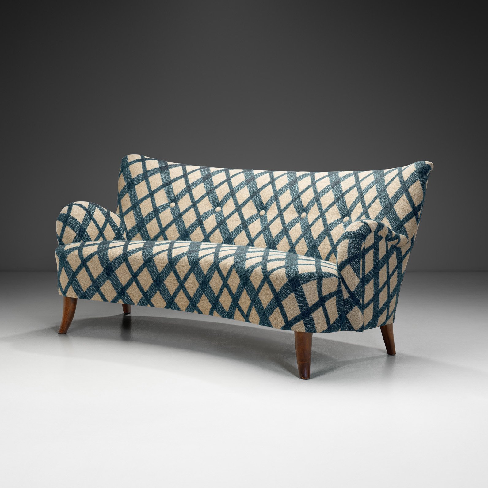 Curved Three-Seater Sofa with Tufted Buttons and Birch Legs, Scandinavia 20th Century