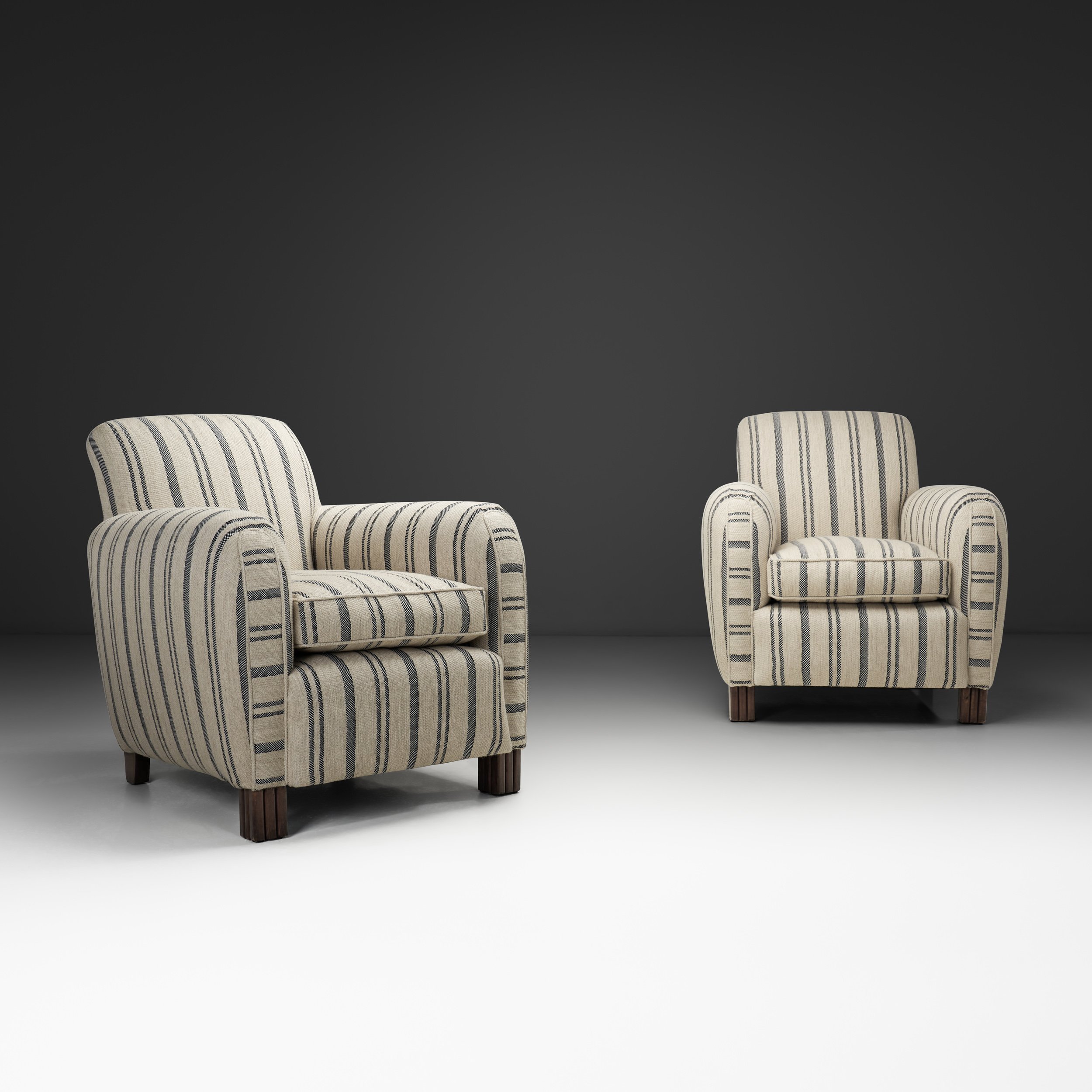 Pair of Club Chairs with Striped Upholstery, Europe Mid-20th Century