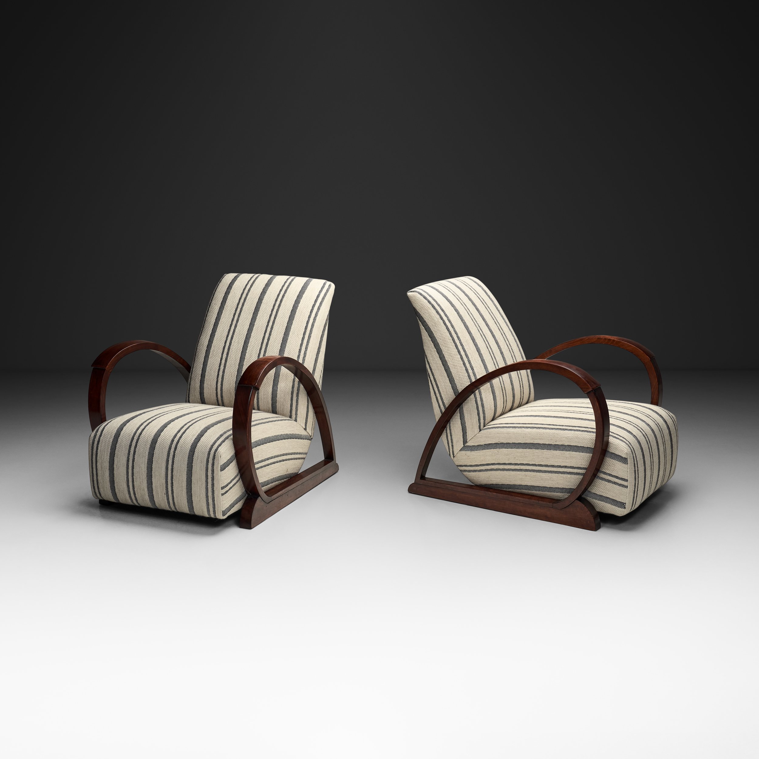 Pair of Art Deco Armchairs with Curved Arms and Striped Upholstery, Europe 1930s