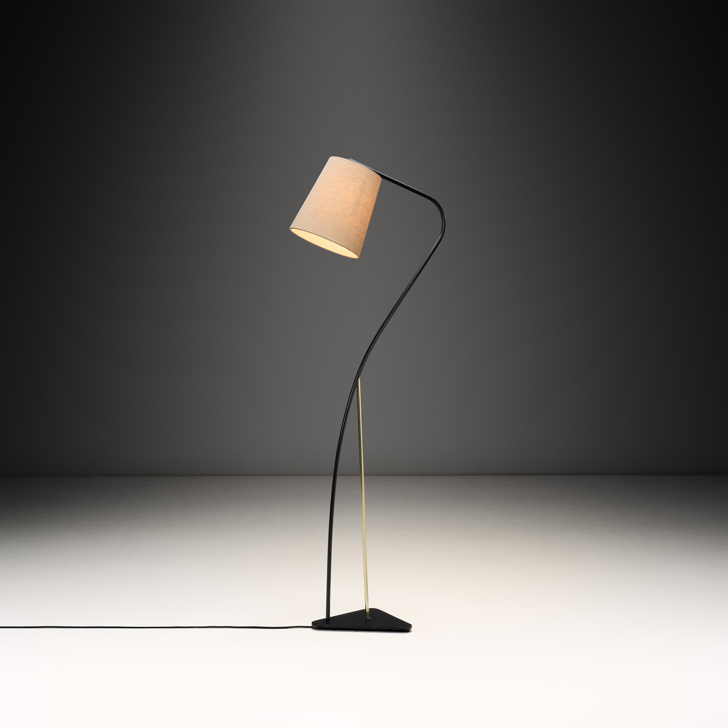 Brass and Black Lacquered Metal Floor Lamp, Denmark 1950s