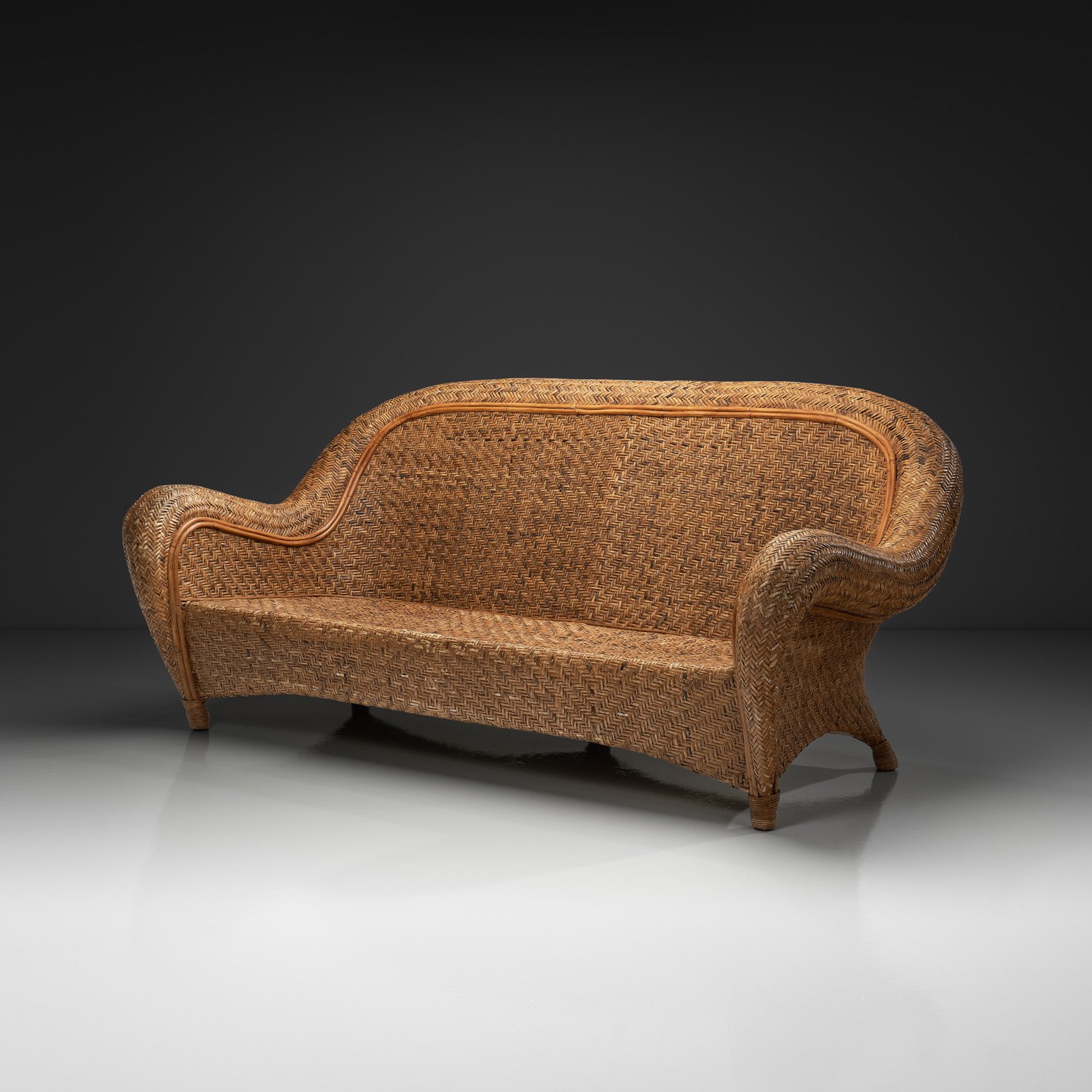 Brown Woven Wicker Sofa, Italy Mid 20th Century