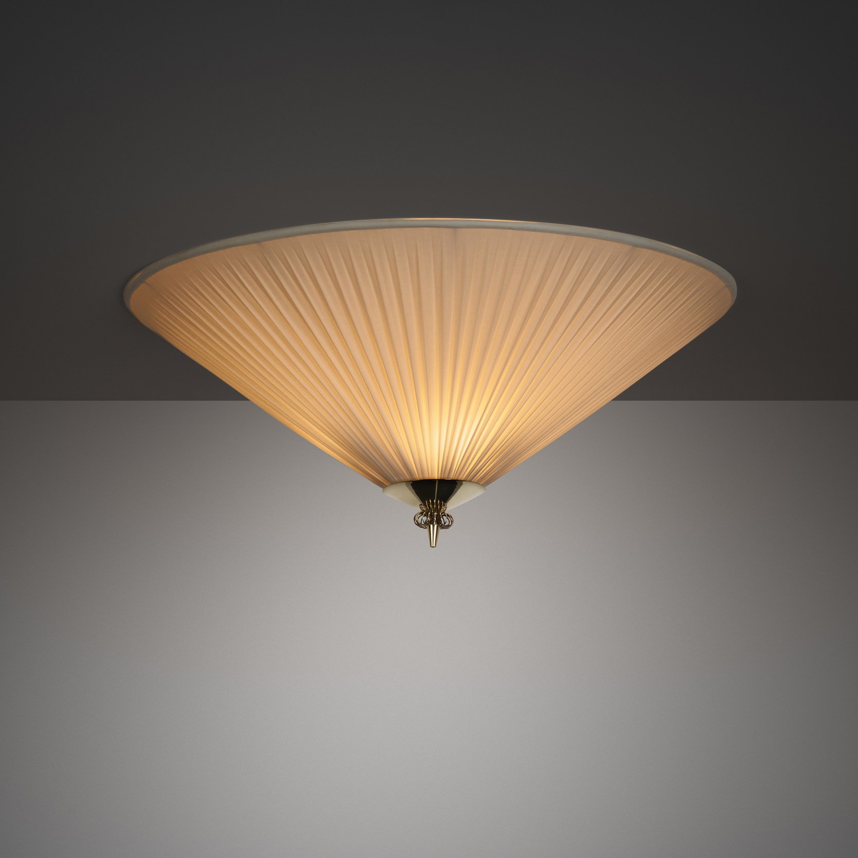 Pleated Triangular Ceiling Light with Brass Finial for Itsu, Finland Mid-20th Century