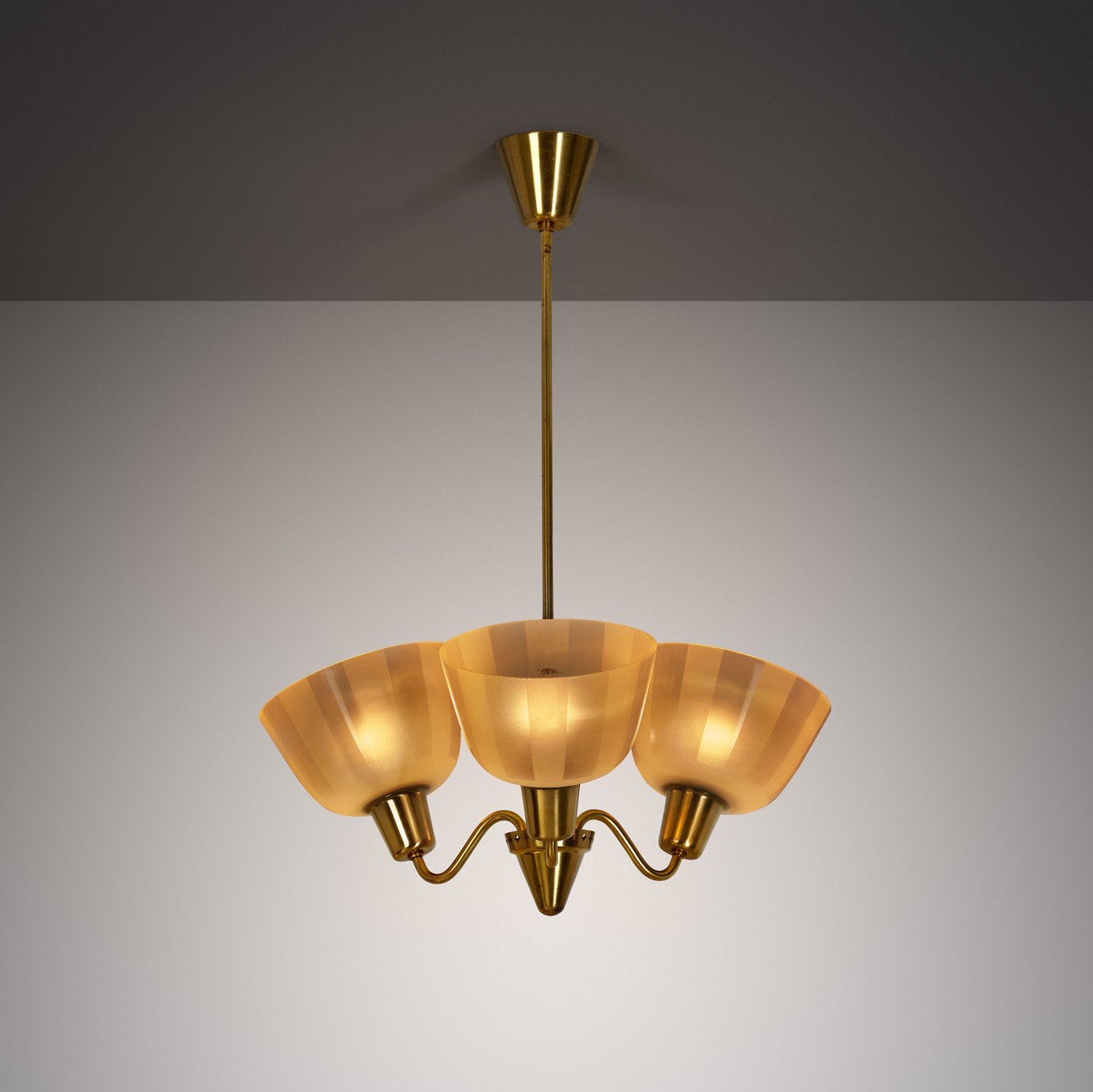 Swedish Modern Three-Armed Chandelier with Frosted Glass Shades, Sweden 1940s