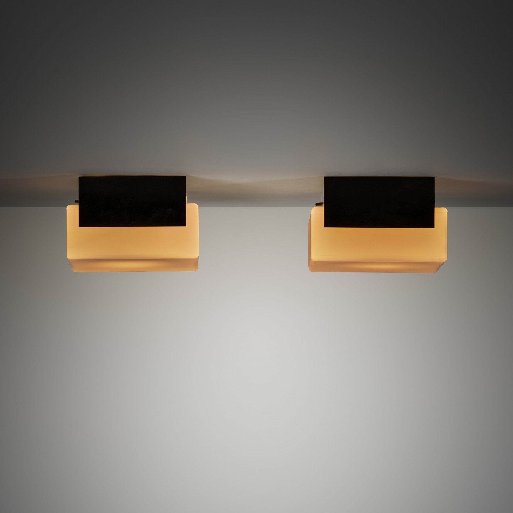 Pair of Milk Glass and Metal Ceiling Lights, Europe 1970s