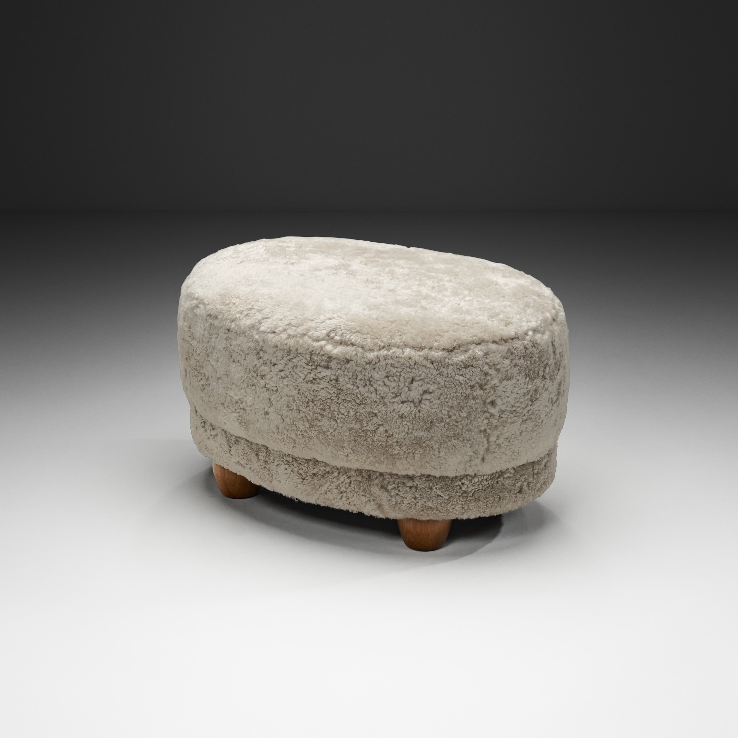 Oval Footstool Upholstered in Sheepskin, Europe Mid-20th Century