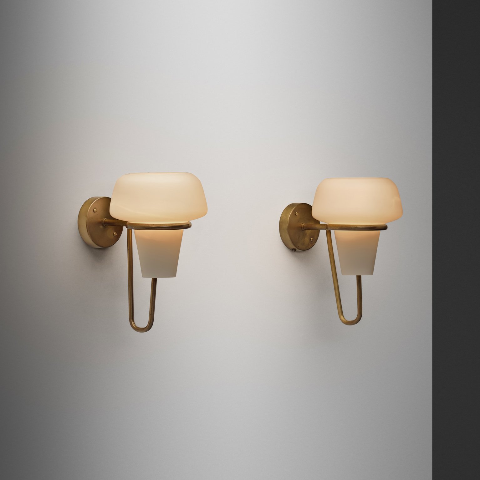 Pair of Brass and Opal Glass Wall Lights by Hans-Agne Jakobsson for Markaryd, Sweden Second half of the 20th Century