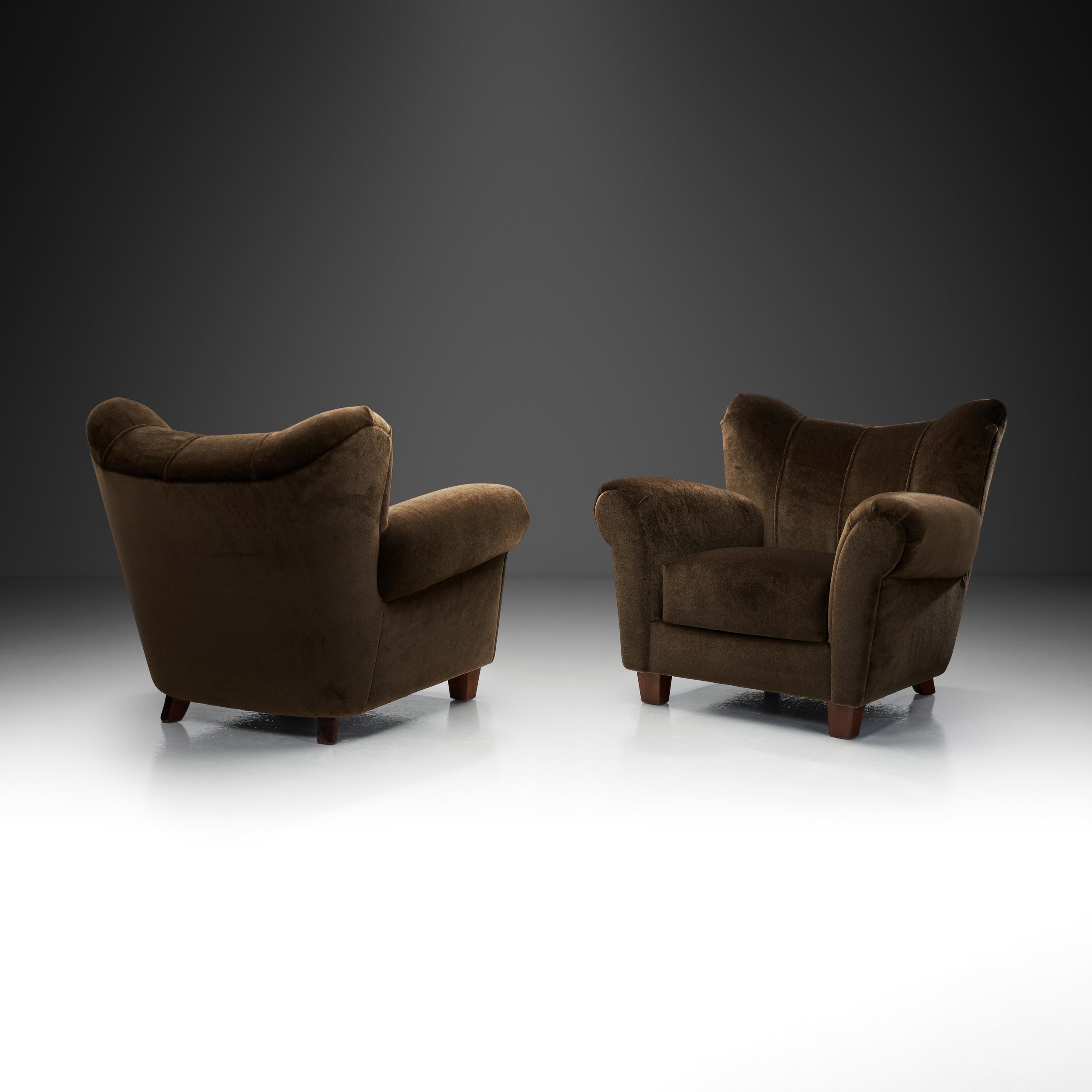 A Pair of Upholstered Brown Mohair Armchairs, Europe 1940s (sold)